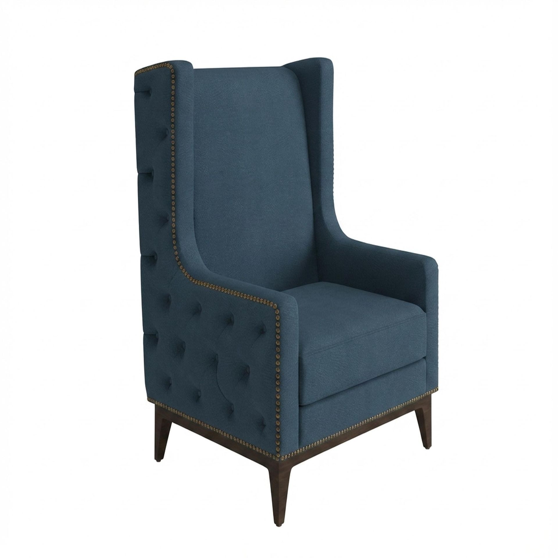 Tasha Tufted Accent Chair, Coco Walnut Legs Essential Aegean Blue Upholstery