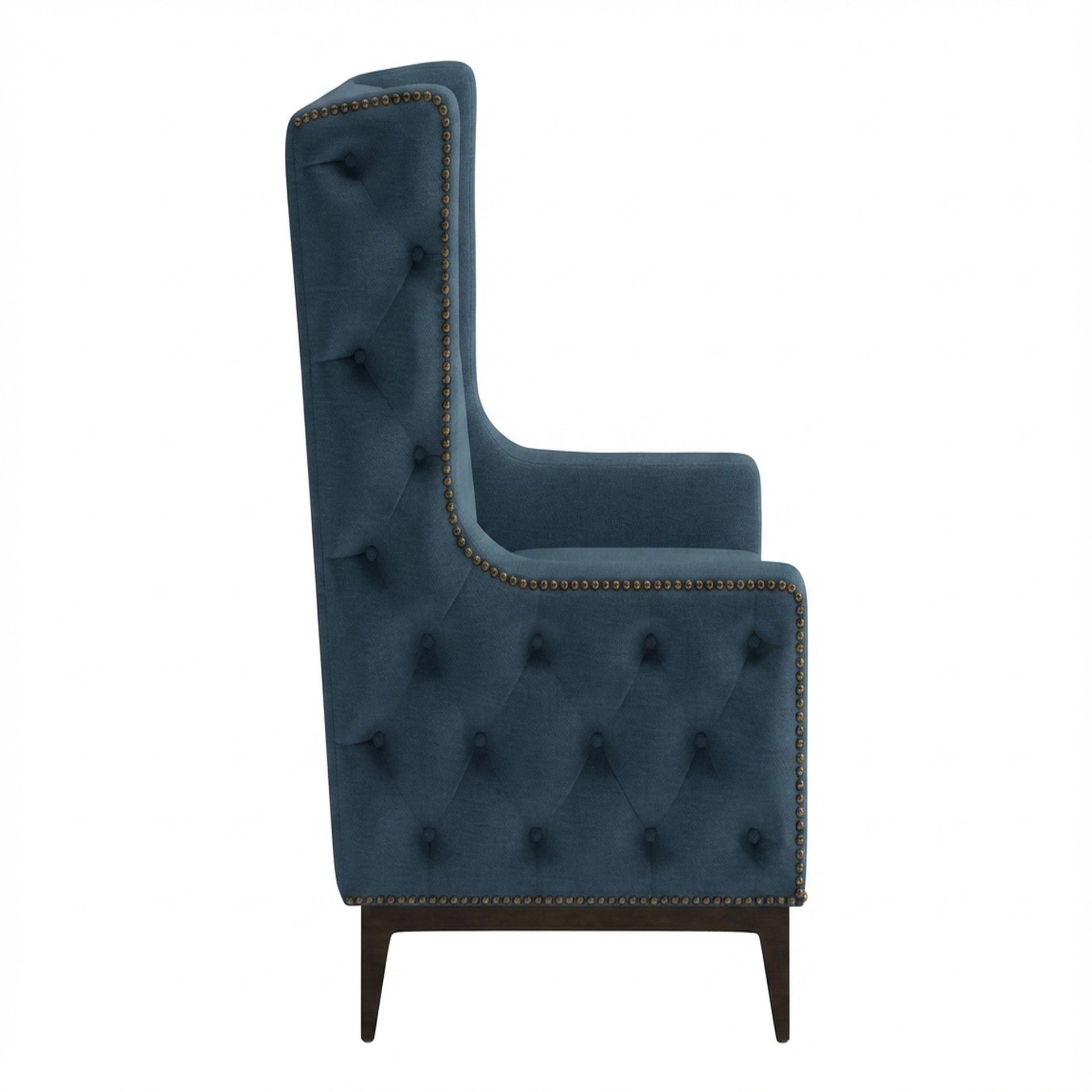 Tasha Tufted Accent Chair, Coco Walnut Legs Essential Aegean Blue Upholstery