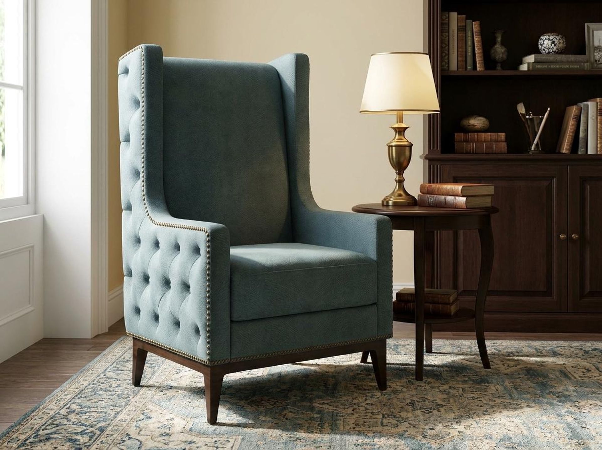Tasha Tufted Accent Chair, Coco Walnut Legs Essential Teal Mist Upholstery