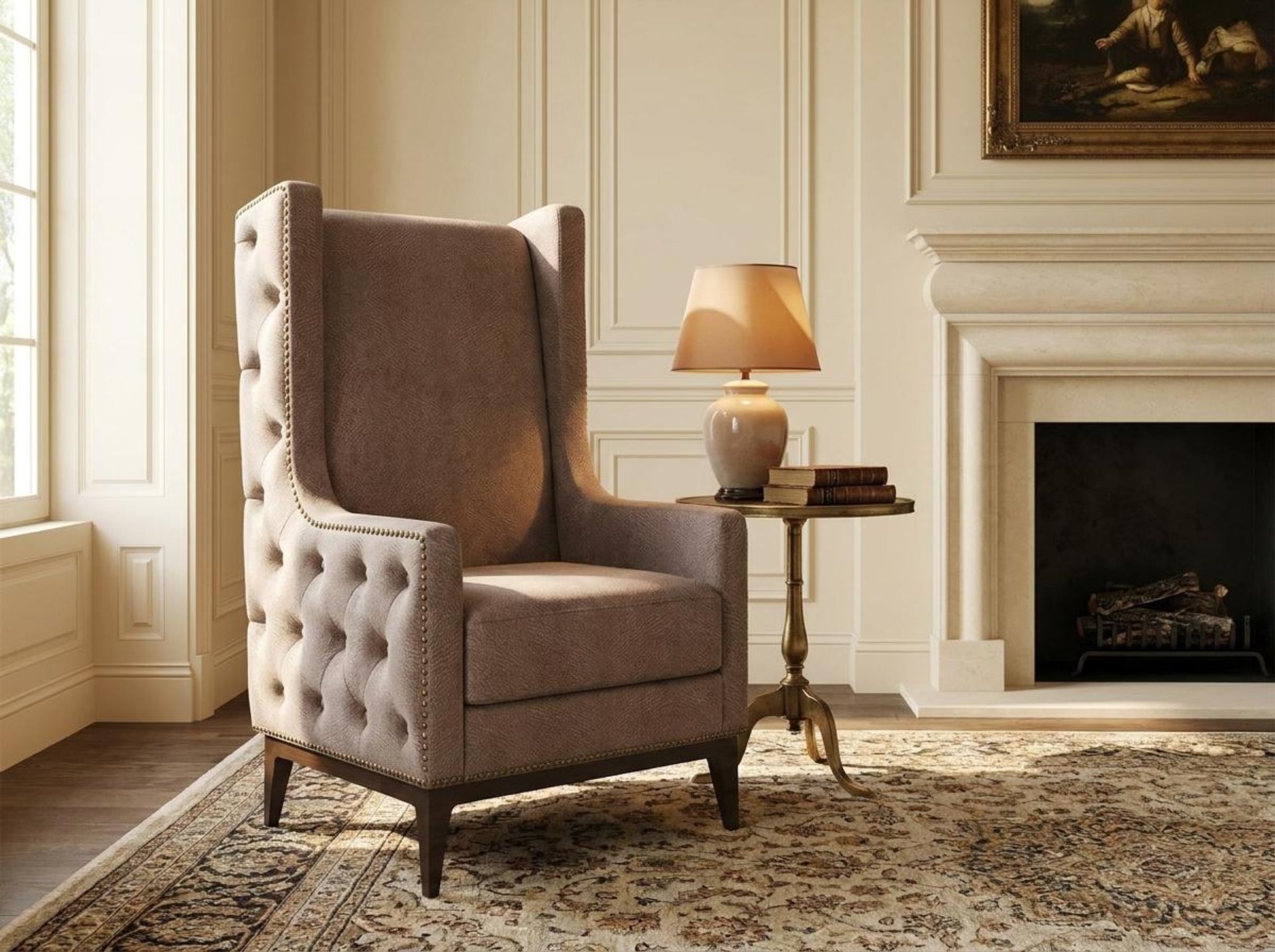 Tasha Tufted Accent Chair, Coco Walnut Legs Essential Ballet Slipper Upholstery