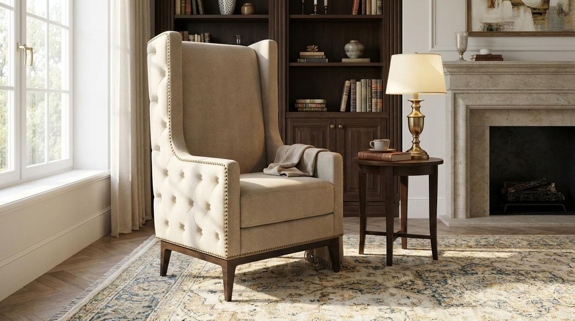 Tasha Tufted Accent Chair, Coco Walnut Legs Premium Alabaster Upholstery