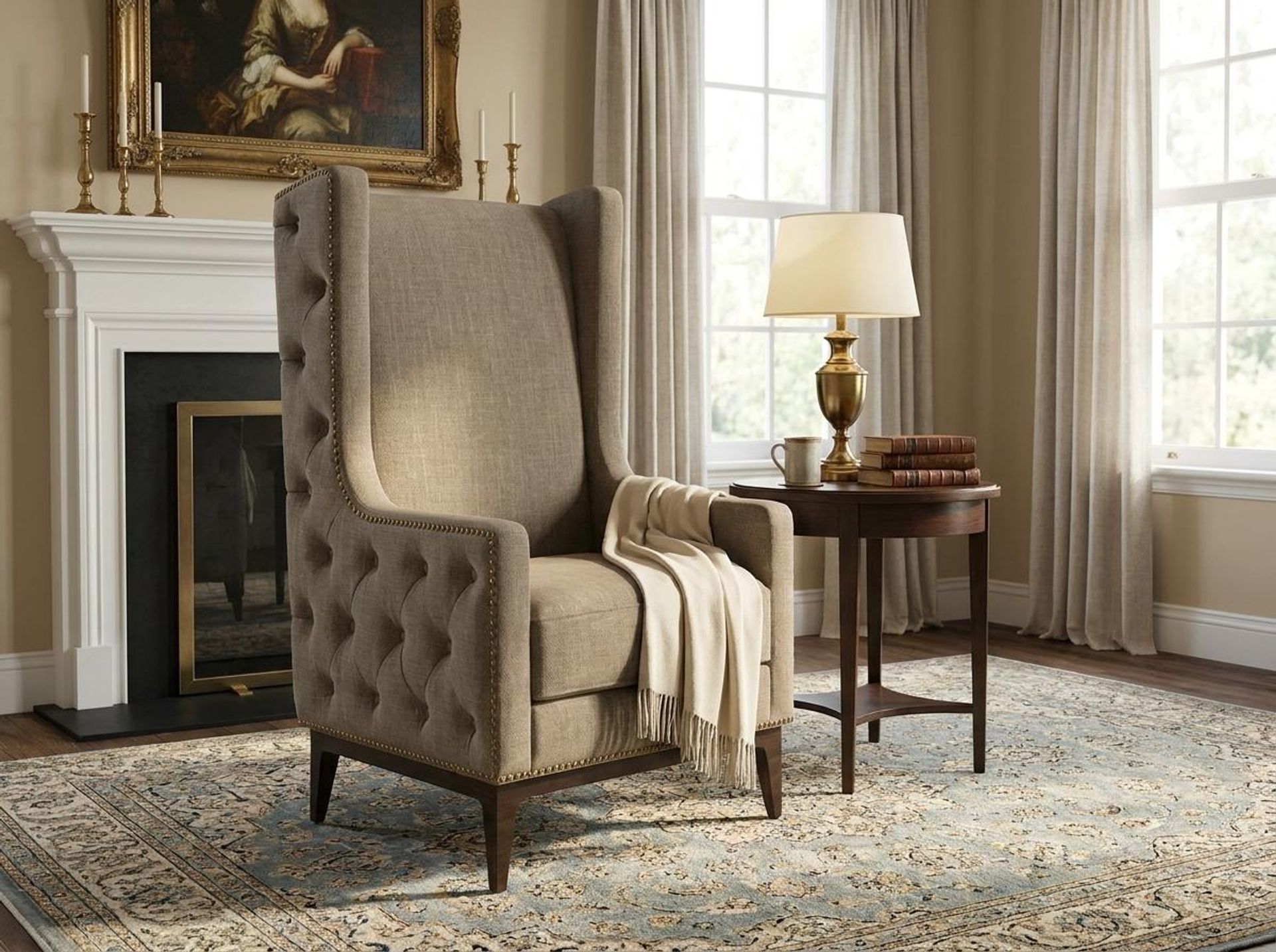 Tasha Tufted Accent Chair, Coco Walnut Legs Premium Dusky Biege Upholstery