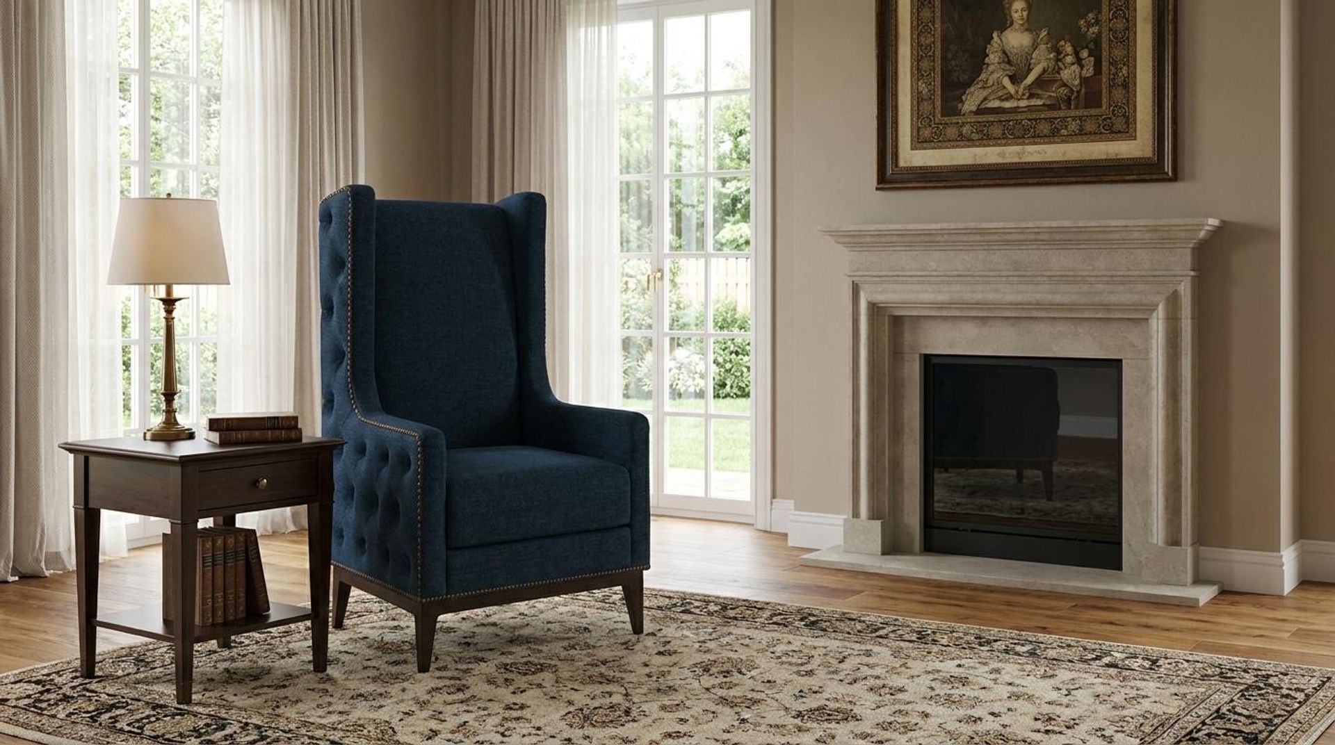 Tasha Tufted Accent Chair, Coco Walnut Legs Premium Steel Blue Upholstery