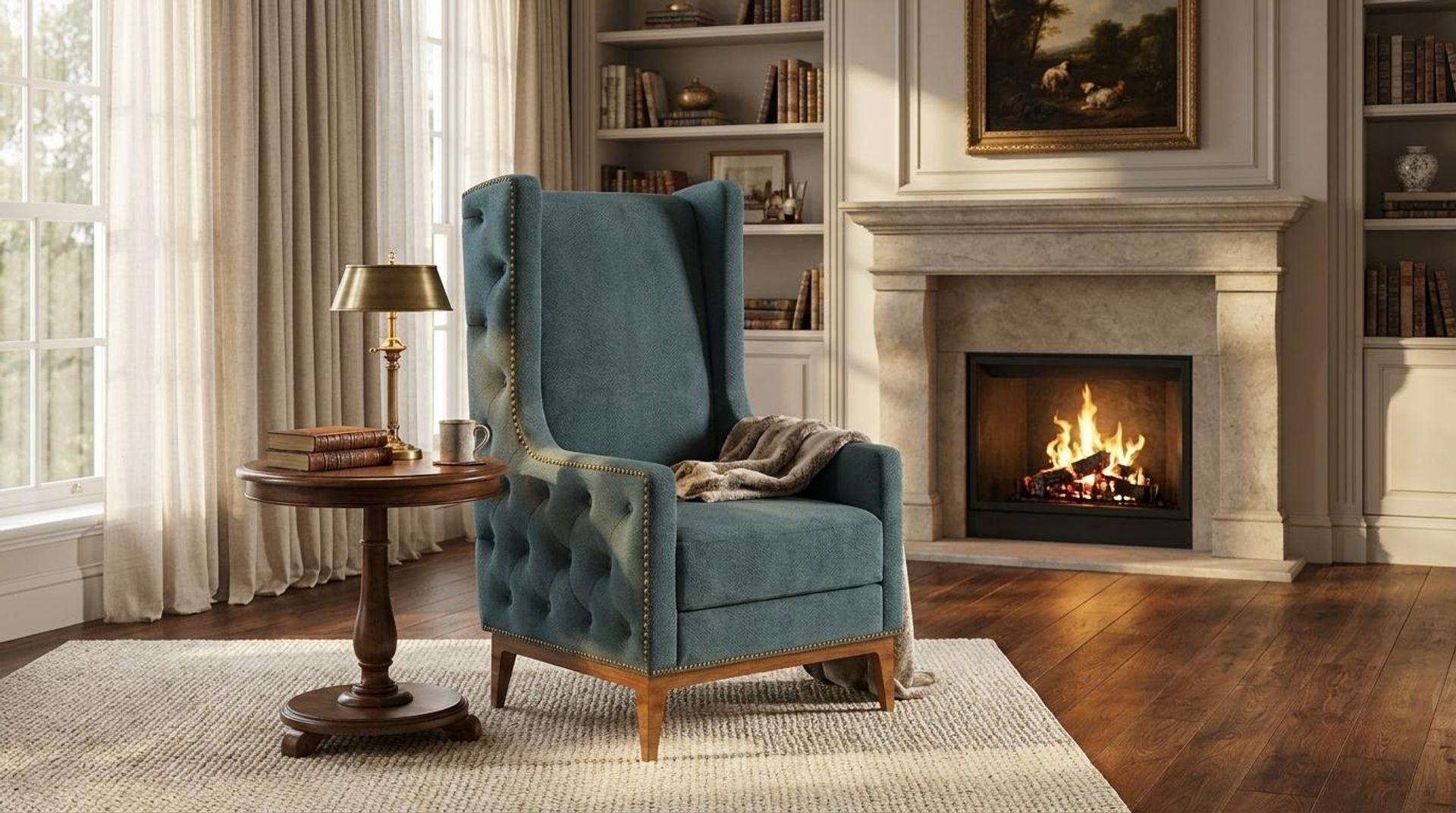 Tasha Tufted Accent Chair, Warm Cedar Legs Essential Teal Mist Upholstery