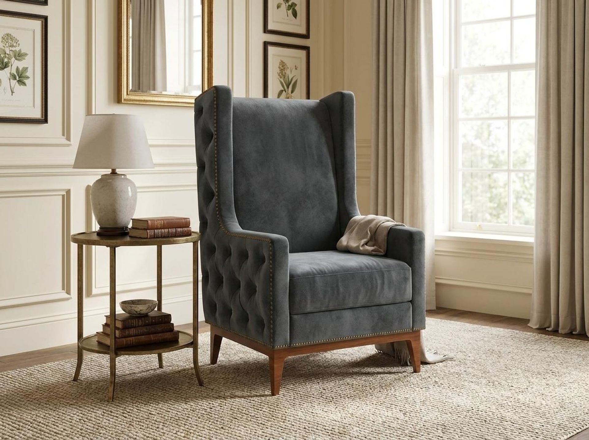 Tasha Tufted Accent Chair, Warm Cedar Legs Premium Fog Grey Upholstery