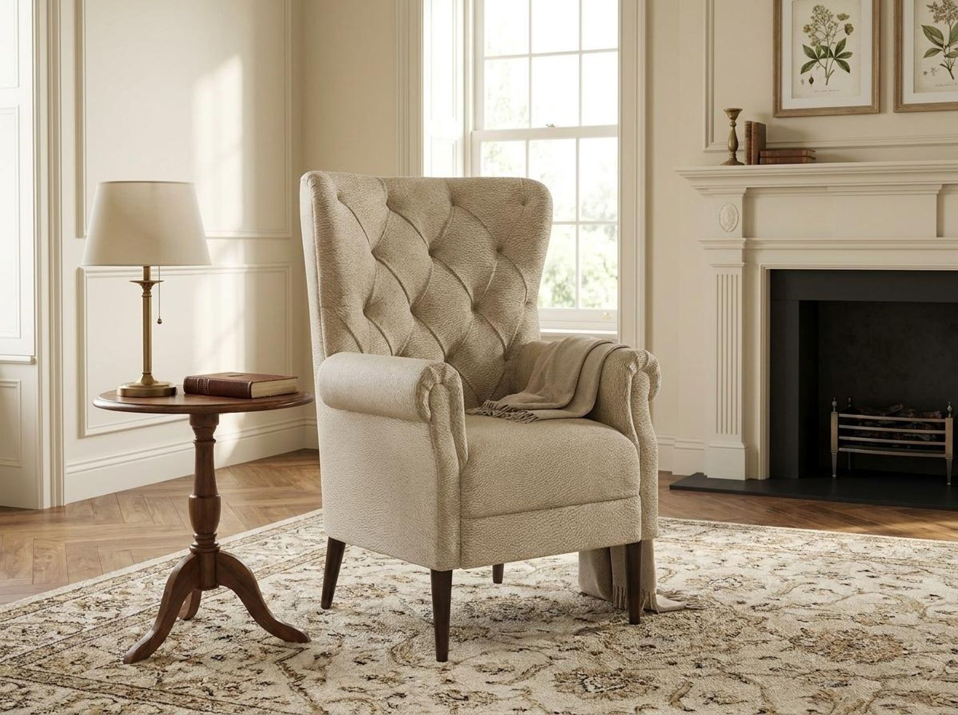 Willow Accent Chair, Coco Walnut Legs Essential Sand Upholstery