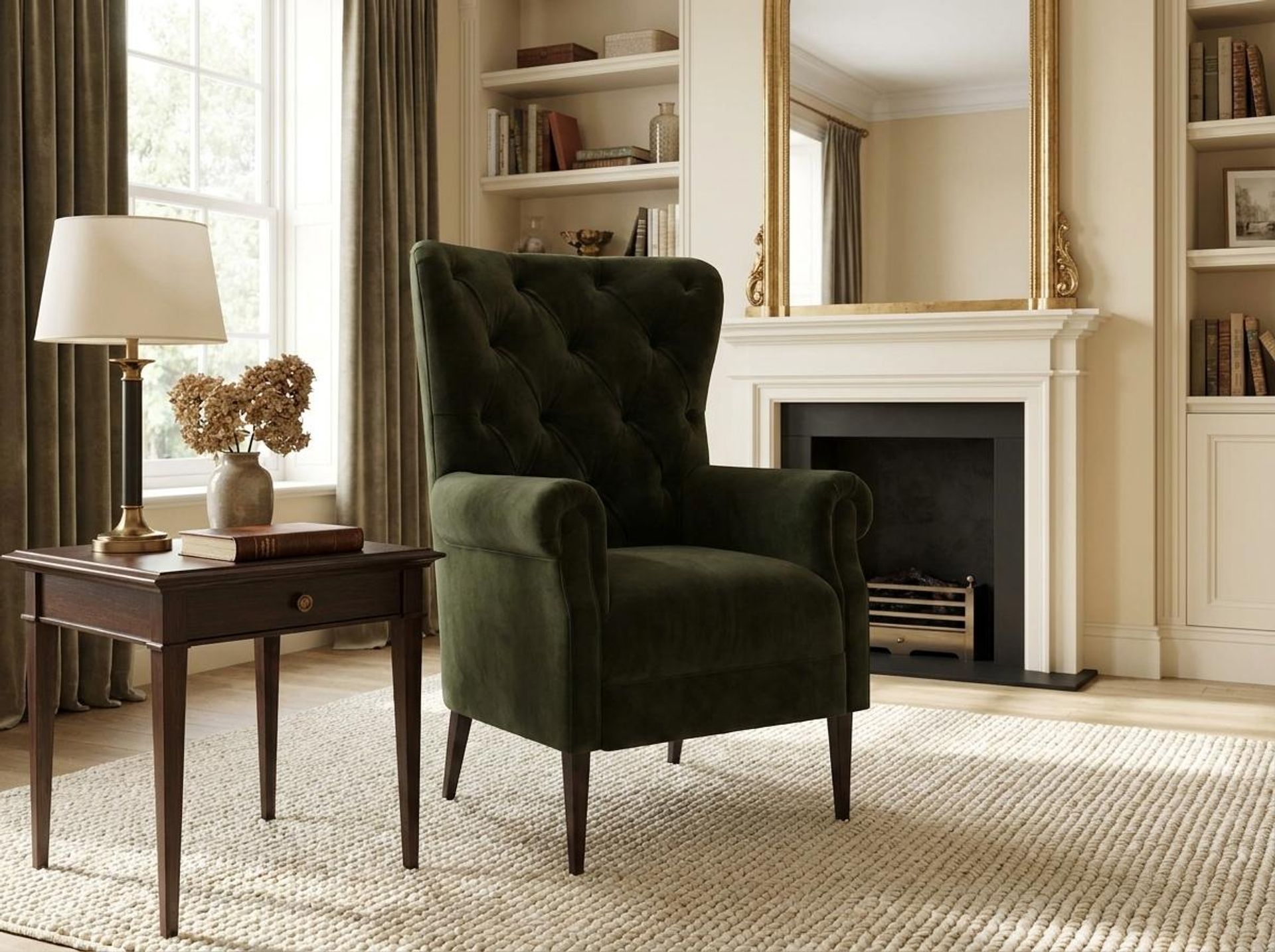 Willow Accent Chair, Coco Walnut Legs Premium Emerald Upholstery
