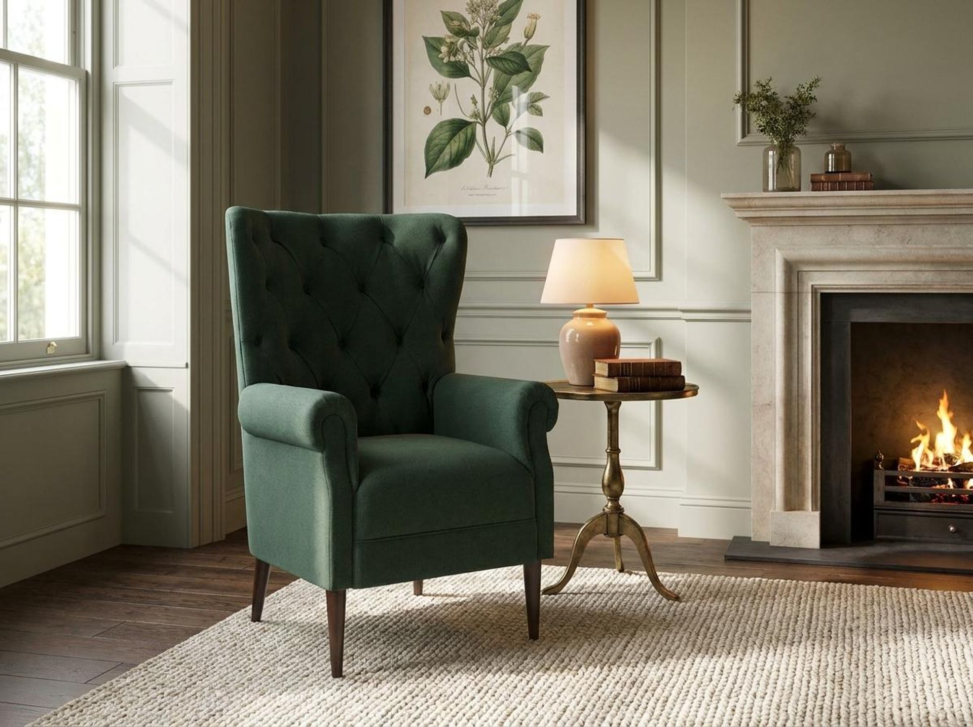 Willow Accent Chair, Coco Walnut Legs Premium Powder green Upholstery