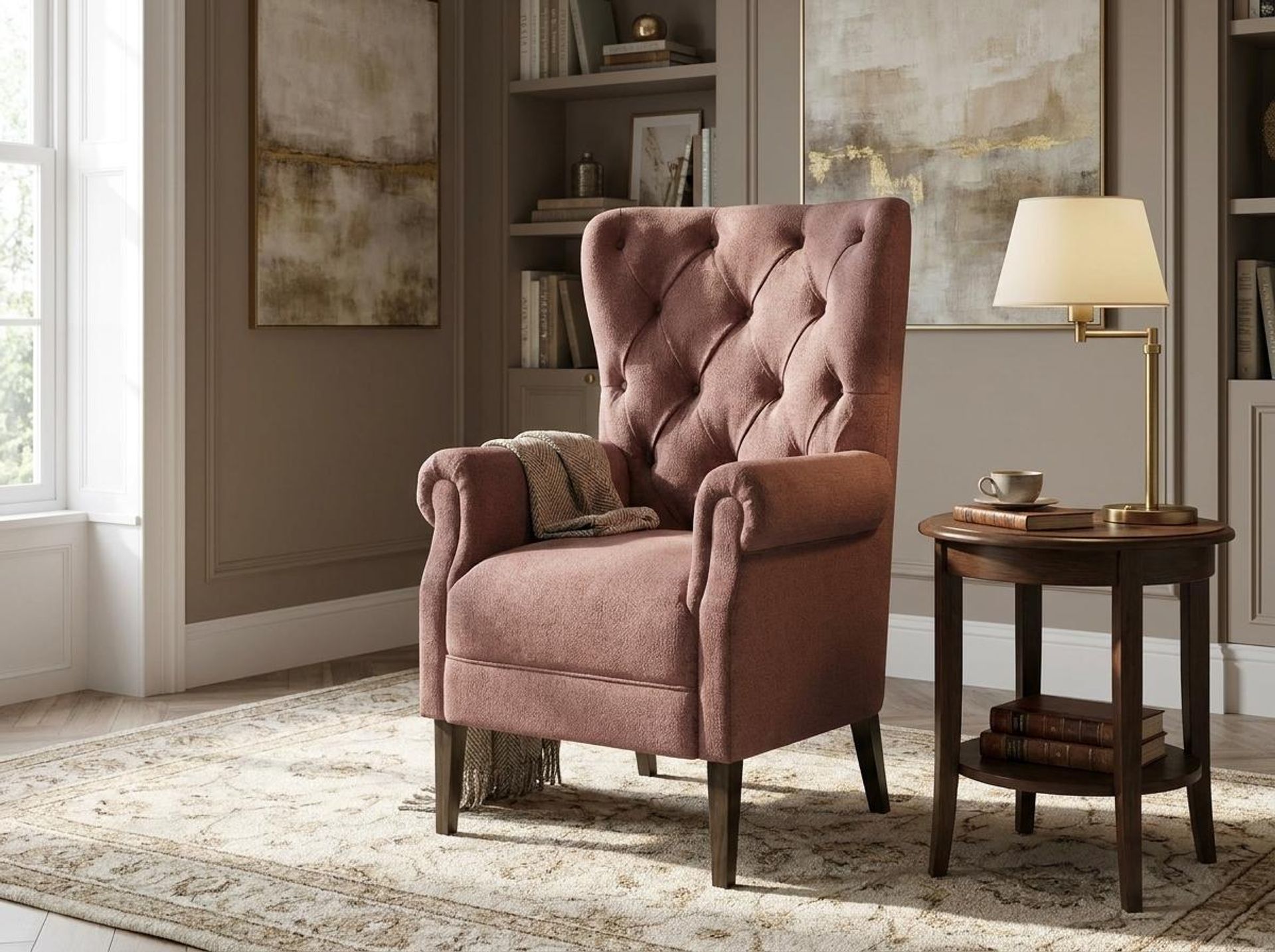 Willow Accent Chair, Coco Walnut Legs Premium Ballet Pink Upholstery