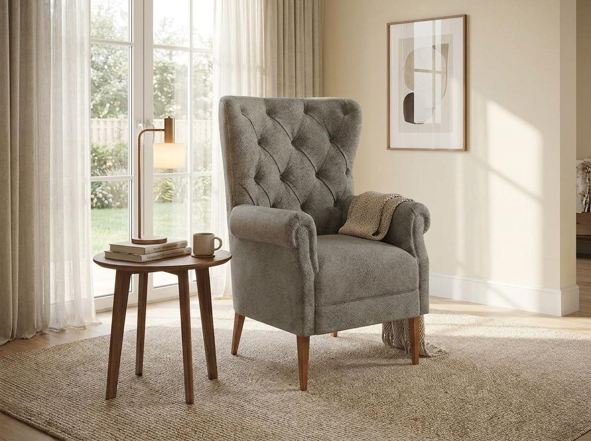 Willow Accent Chair, Warm Cedar Legs Essential Biscuit Upholstery