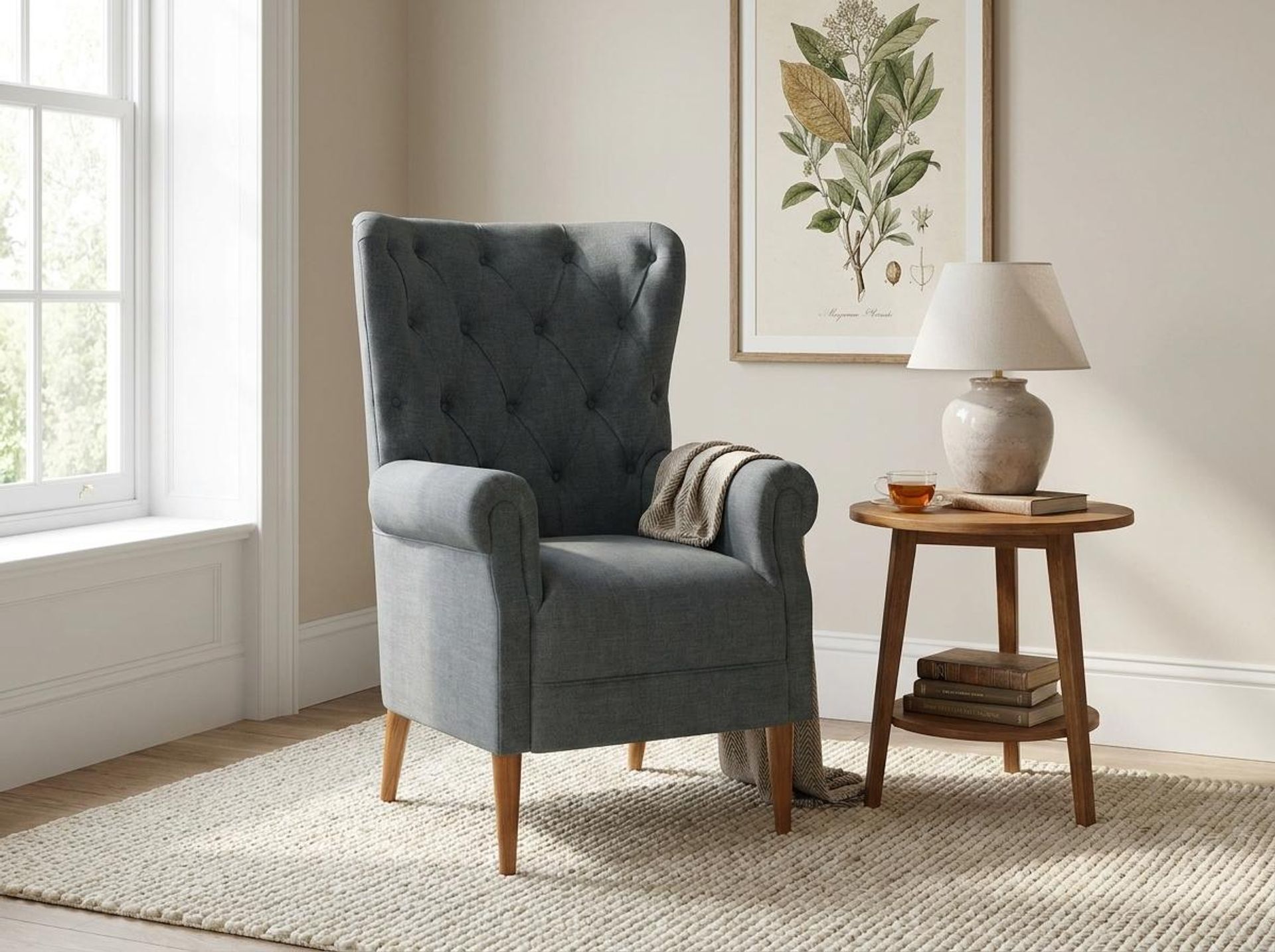 Willow Accent Chair, Warm Cedar Legs Premium Steel Grey Upholstery