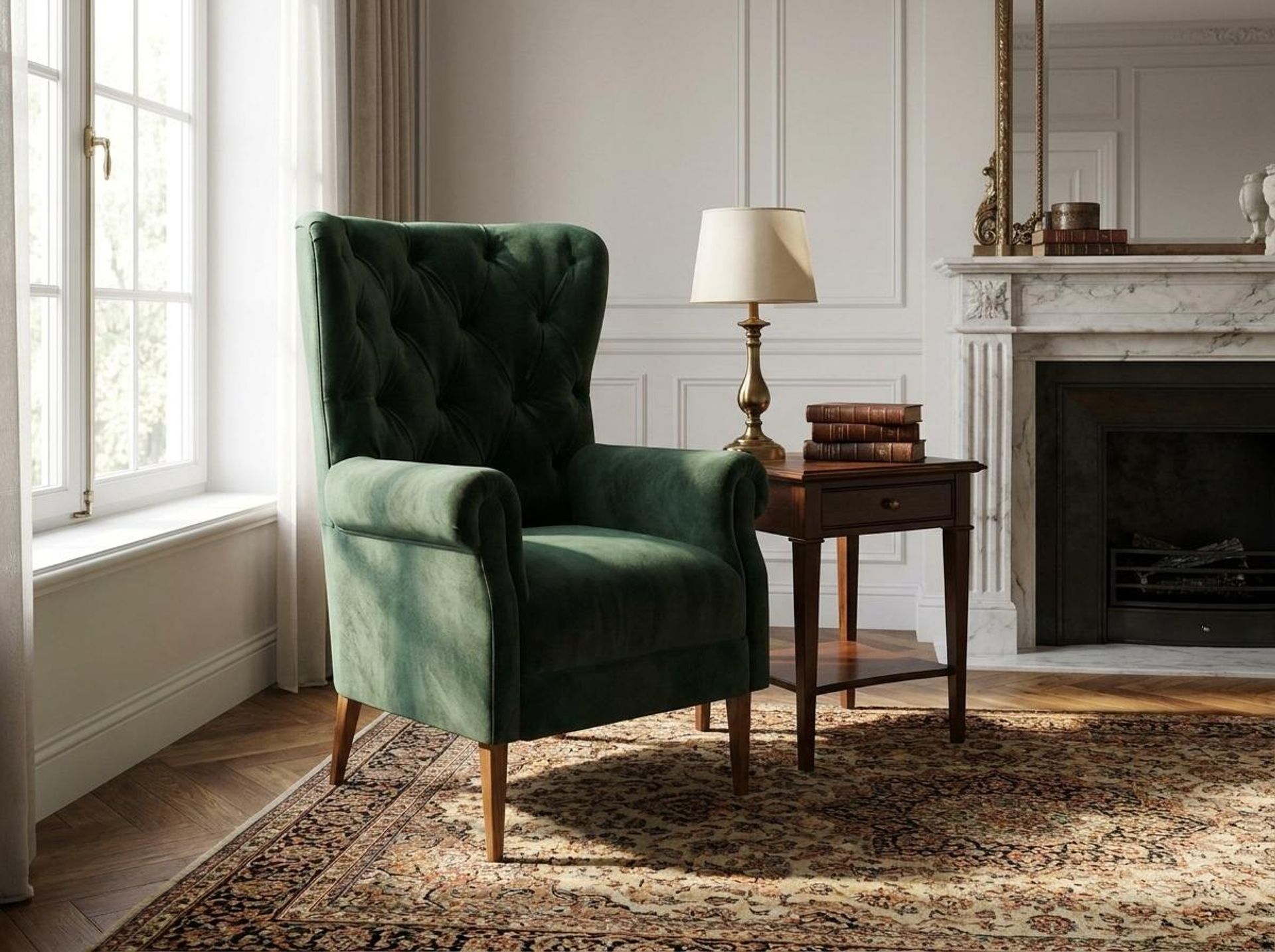 Willow Accent Chair, Warm Cedar Legs Premium Powder green Upholstery