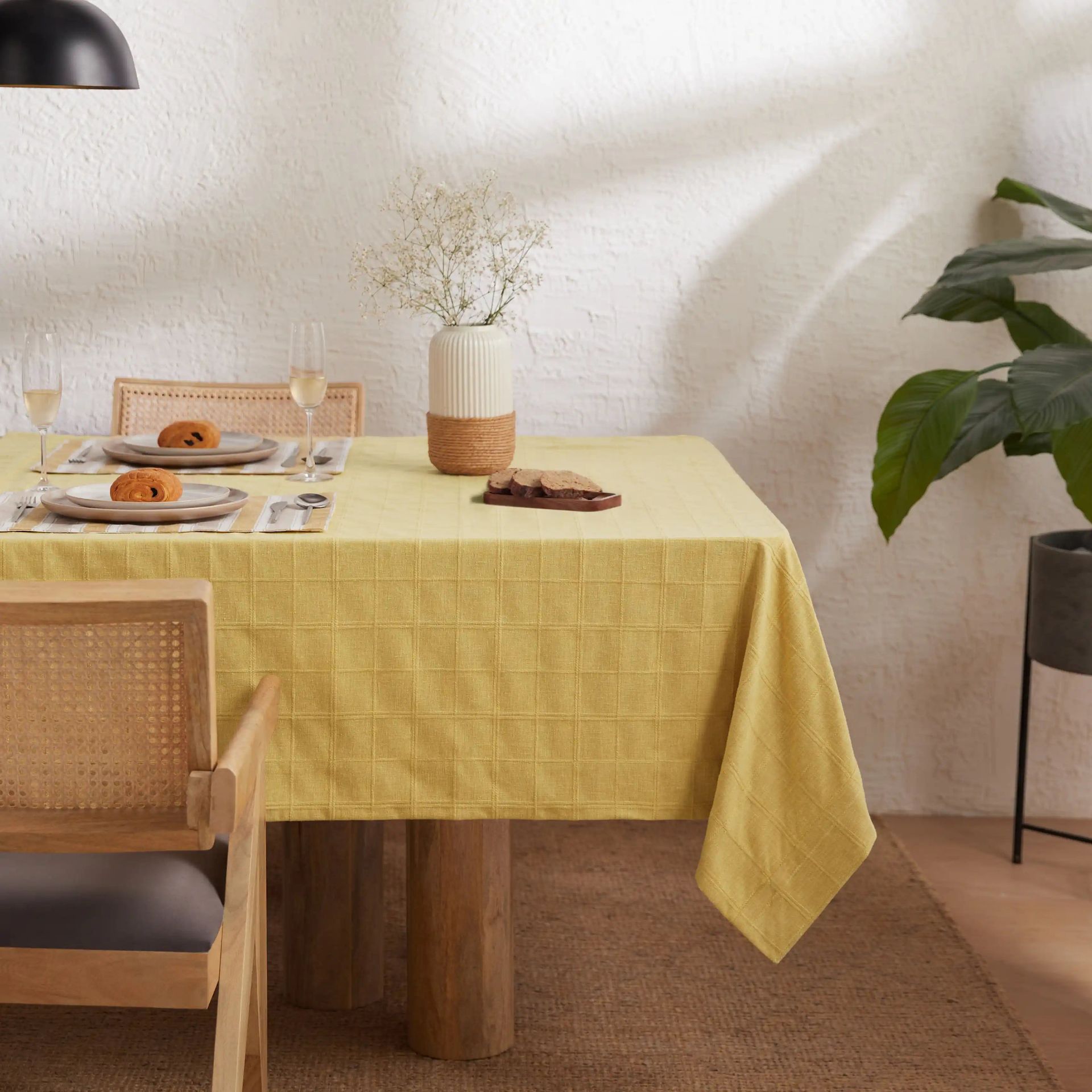 Solid Dyed 355 GSM 50% Cotton Yellow 6 Seater Table Cloth | Kaleida
