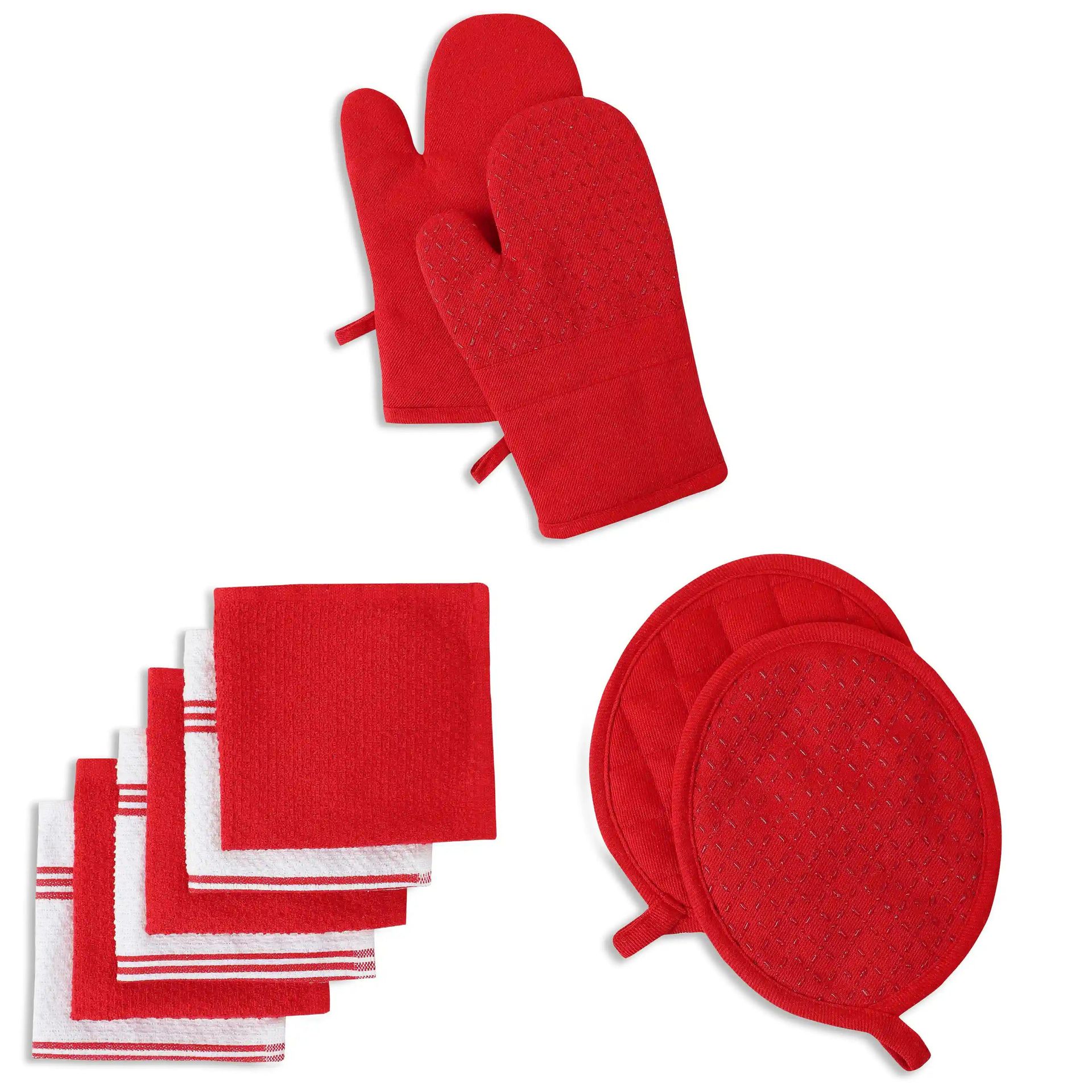 Solid Dyed Cotton Polyester blend Red 16 Piece Kitchen Linen Set | Kaleida