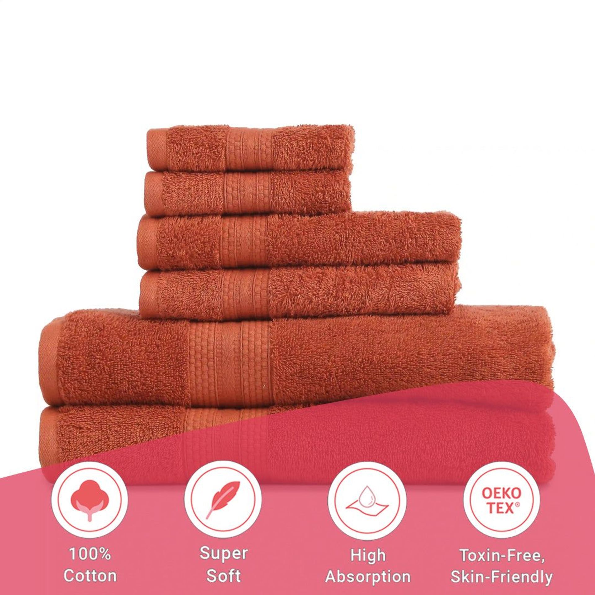 Solid Dyed 475 GSM 100% Cotton Burnt Red 6 Piece Towel Set | Paleto