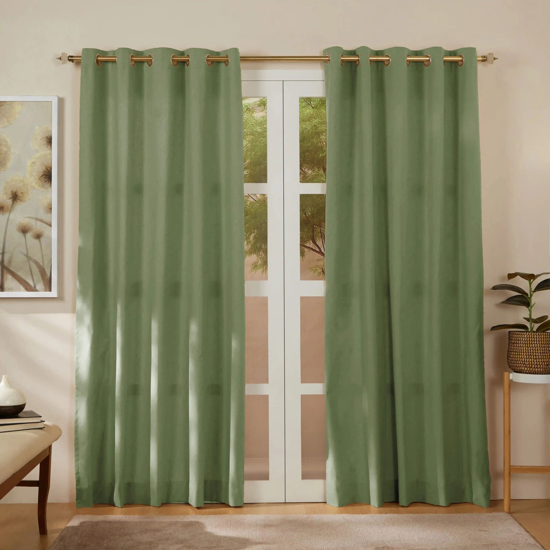 Solid Dyed 100% Cotton Soft Moss Set of 2 Door Curtains | Pelushe