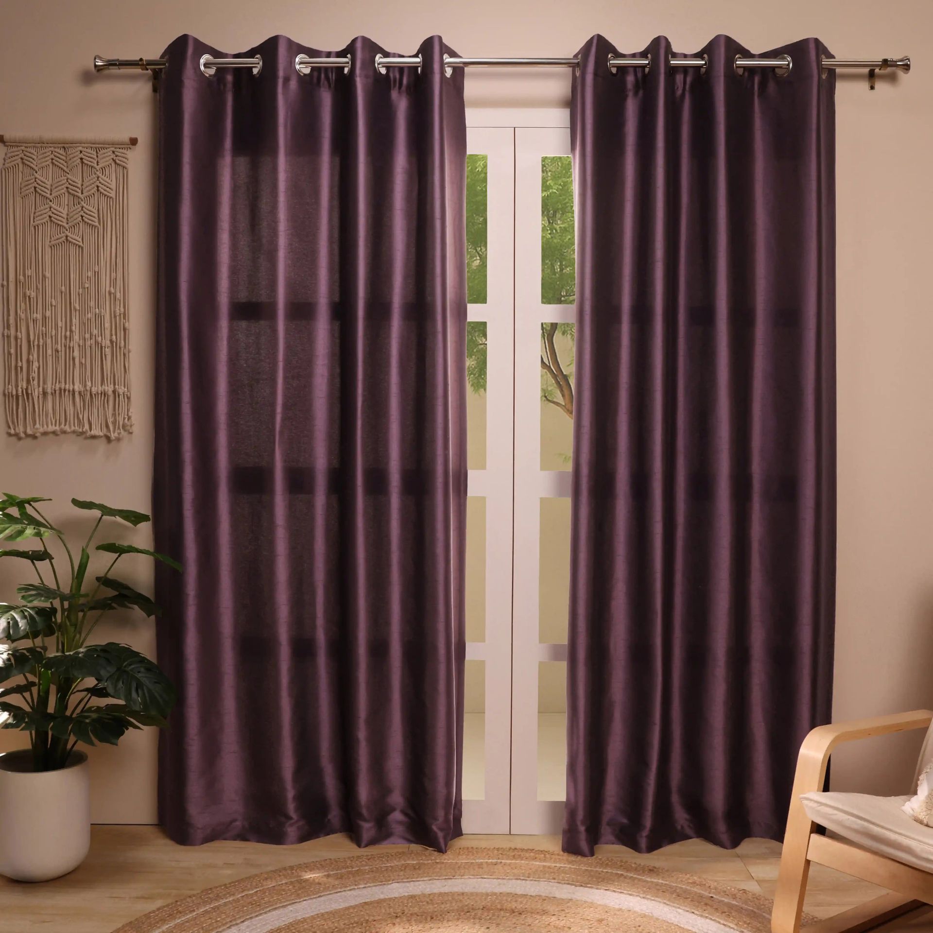 Solid Dyed 100% Polyester Deep Violet Set of 2 Door Curtains | Paleto