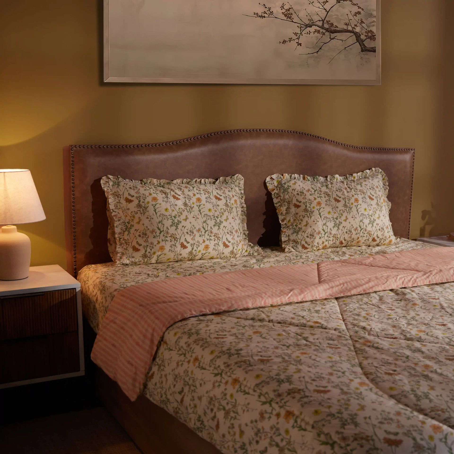 Floral 120 GSM 100% Cotton Mustard Double Comforter | Bloomshire Luxe