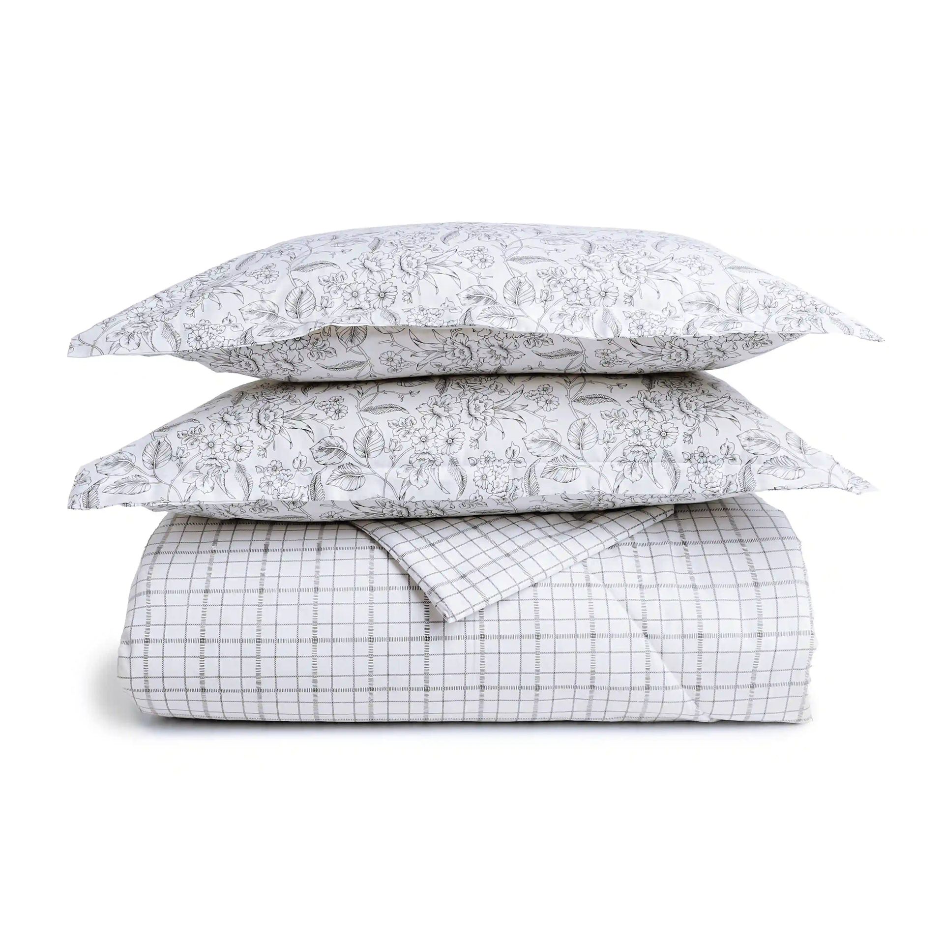 Floral Geometric 144 TC Cotton Charcoal Checks Double Bedding Set | Mishella
