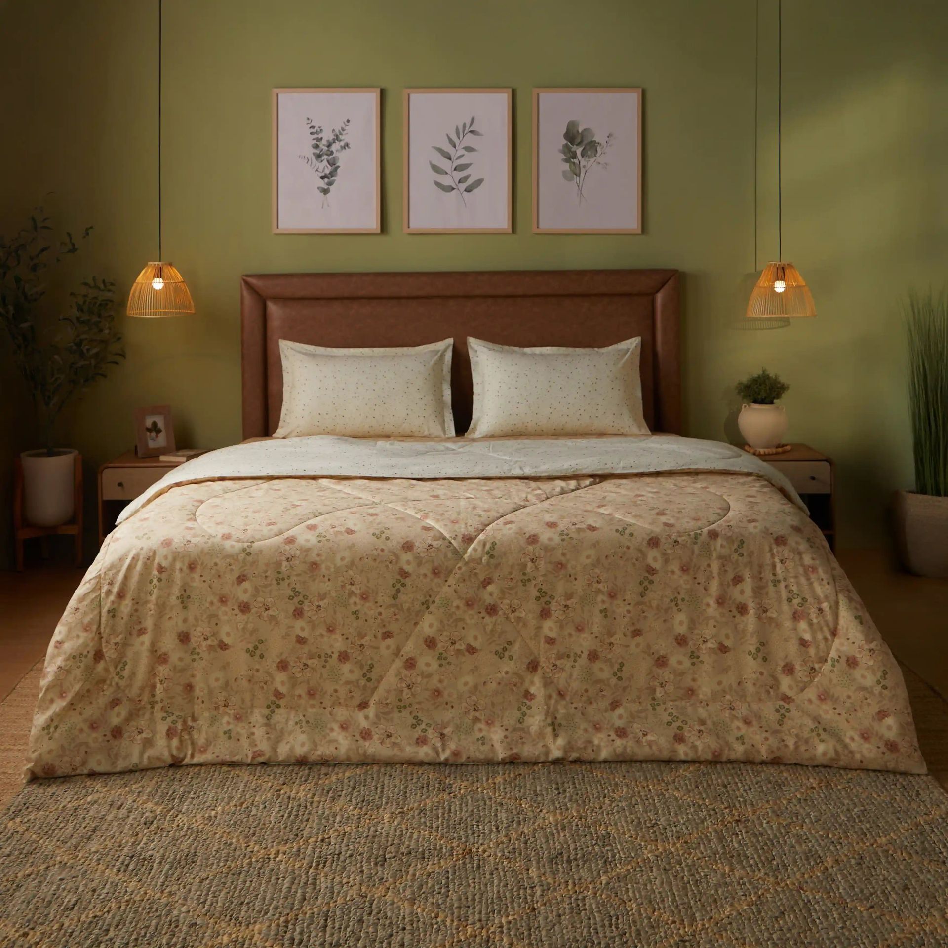 Floral Geometric 144 TC Cotton Beige Double Bedding Set | Mishella