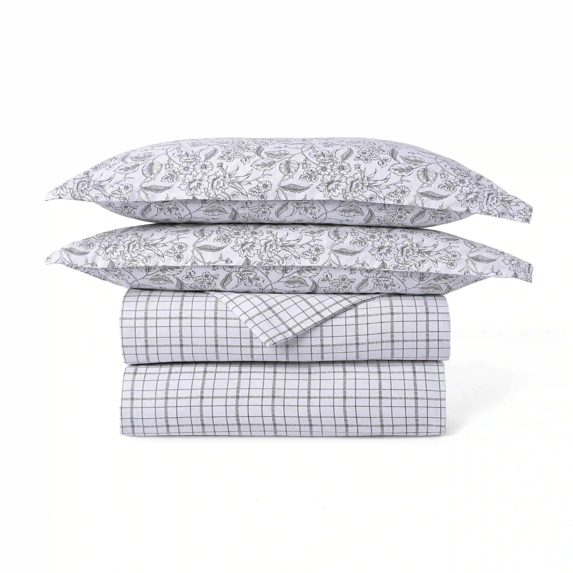 Floral Geometric 144 TC Cotton Charcoal Checks Double Bedding Set | Mishella