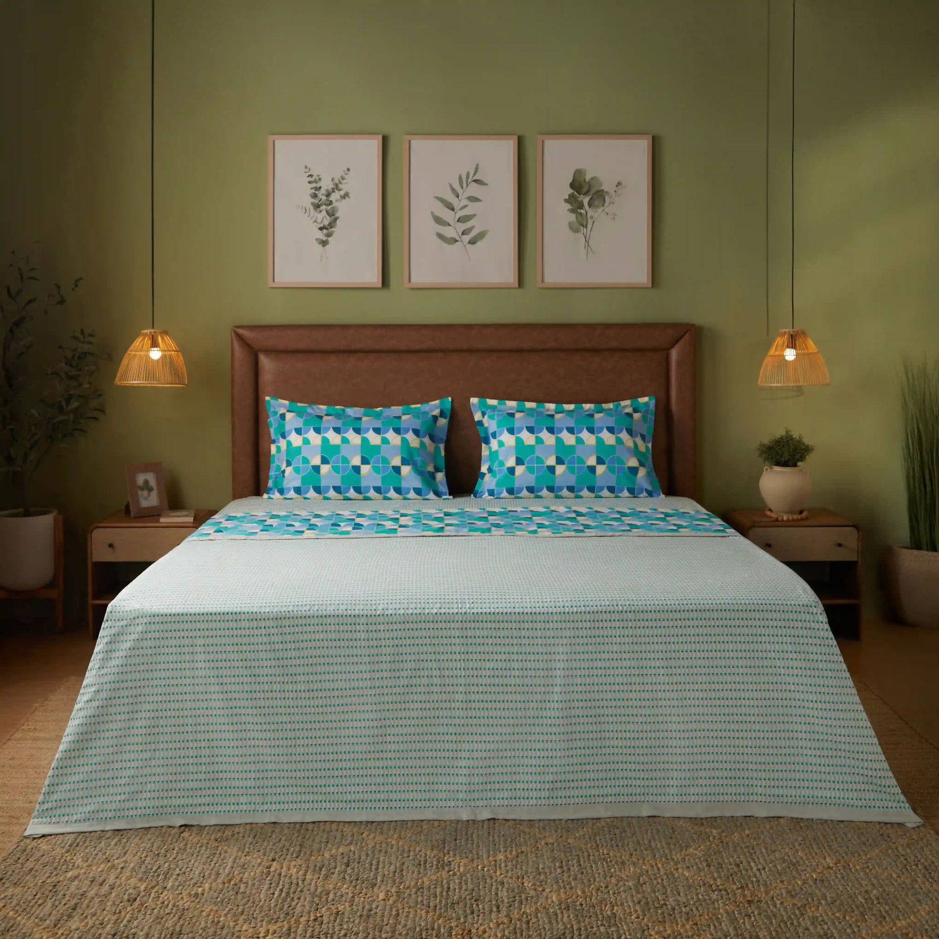 Geometric 144 TC 100% Cotton Kaleido Teal Double Bedding Set | Mishella
