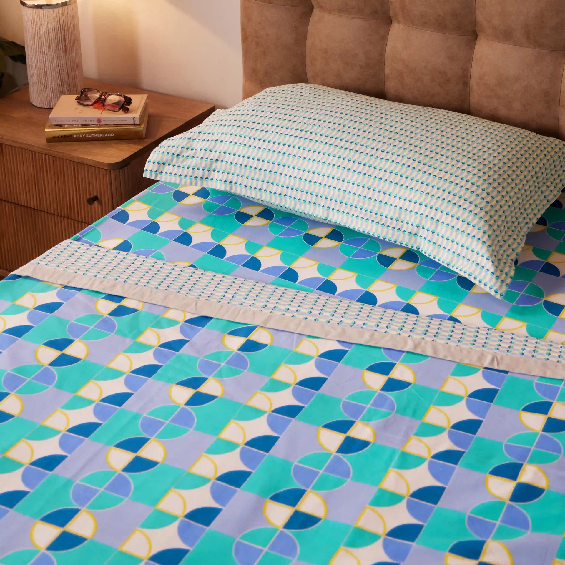 Geometric 144 TC 100% Cotton Orbit Teal Single Dohar | Mishella
