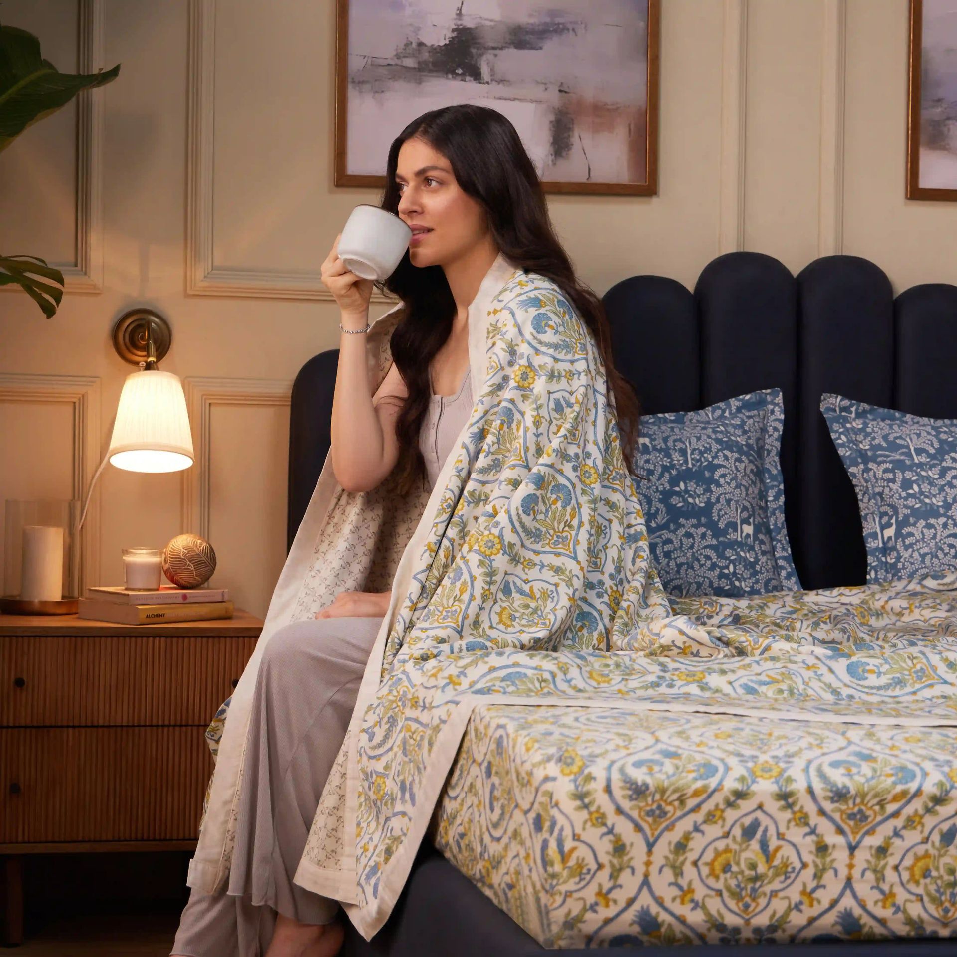 Ethnic 250 TC 100% Cotton Yellow Bloom Single Dohar | Fergana