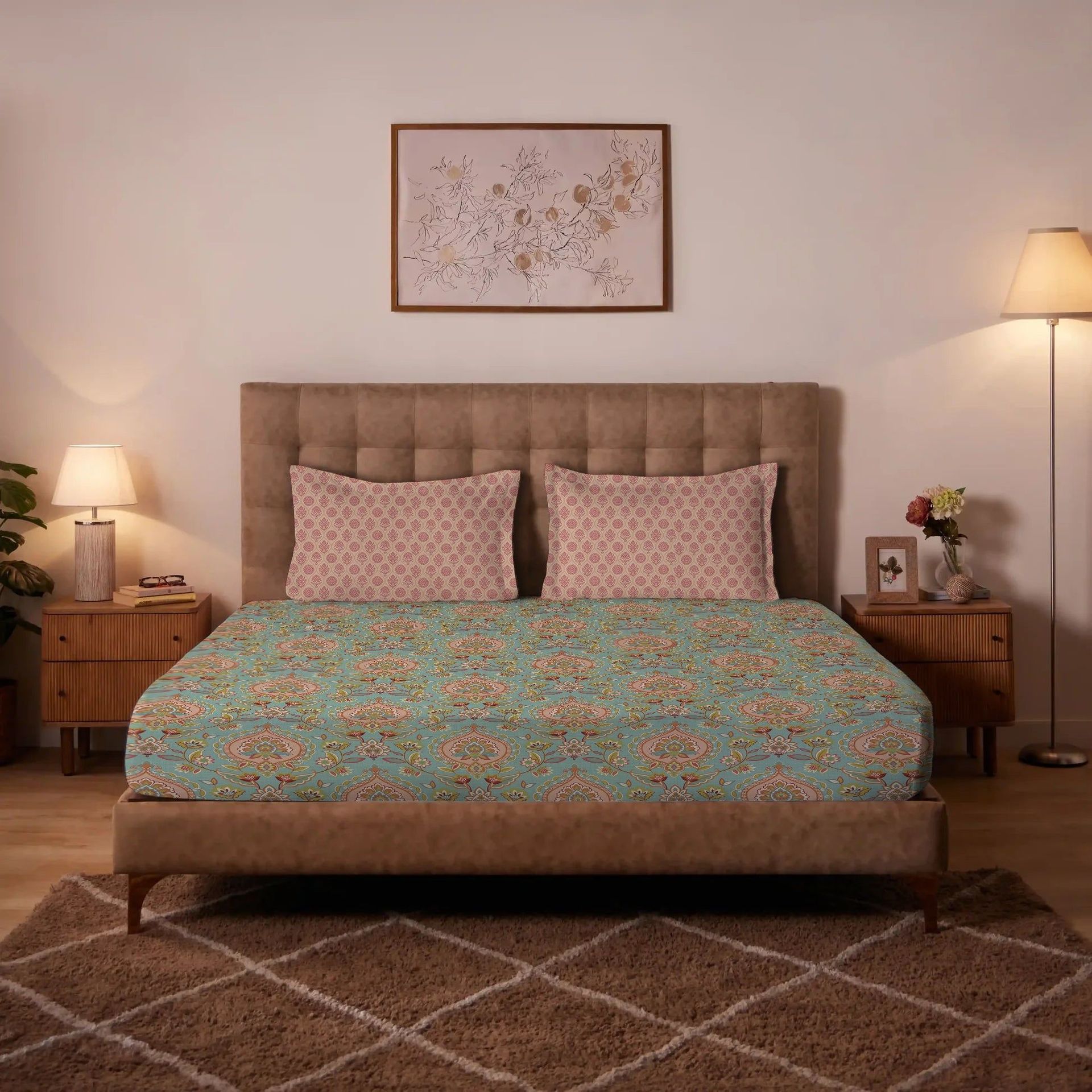Indian Heritage 144 TC 100% Cotton Sea Glass Double Bedsheet Set | Aangan Weaves