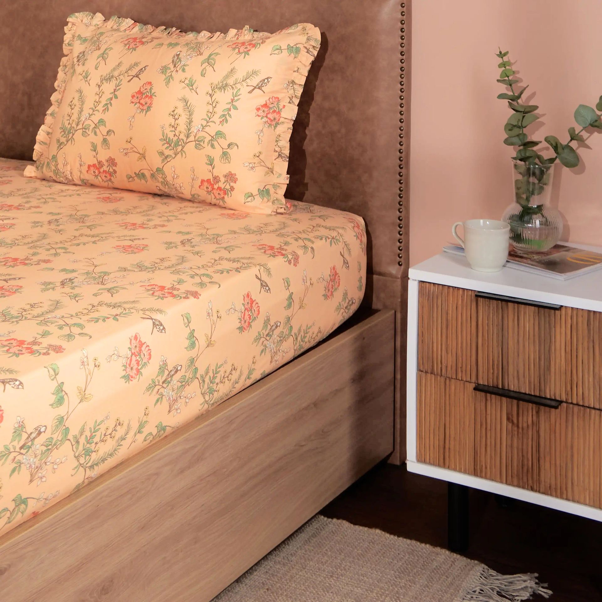 Floral 200 TC Cotton Peach Single Bedsheet Set | Bloomshire Luxe