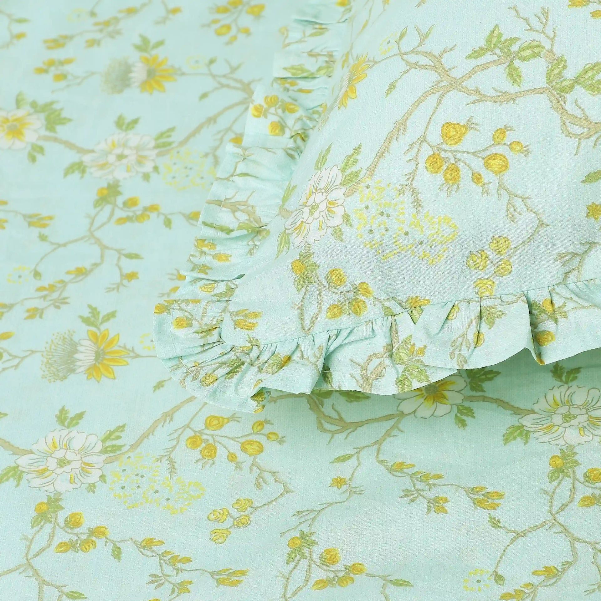 Floral 200 TC 100% Cotton Light Blue King Fitted Sheet Set | Bloomshire Luxe