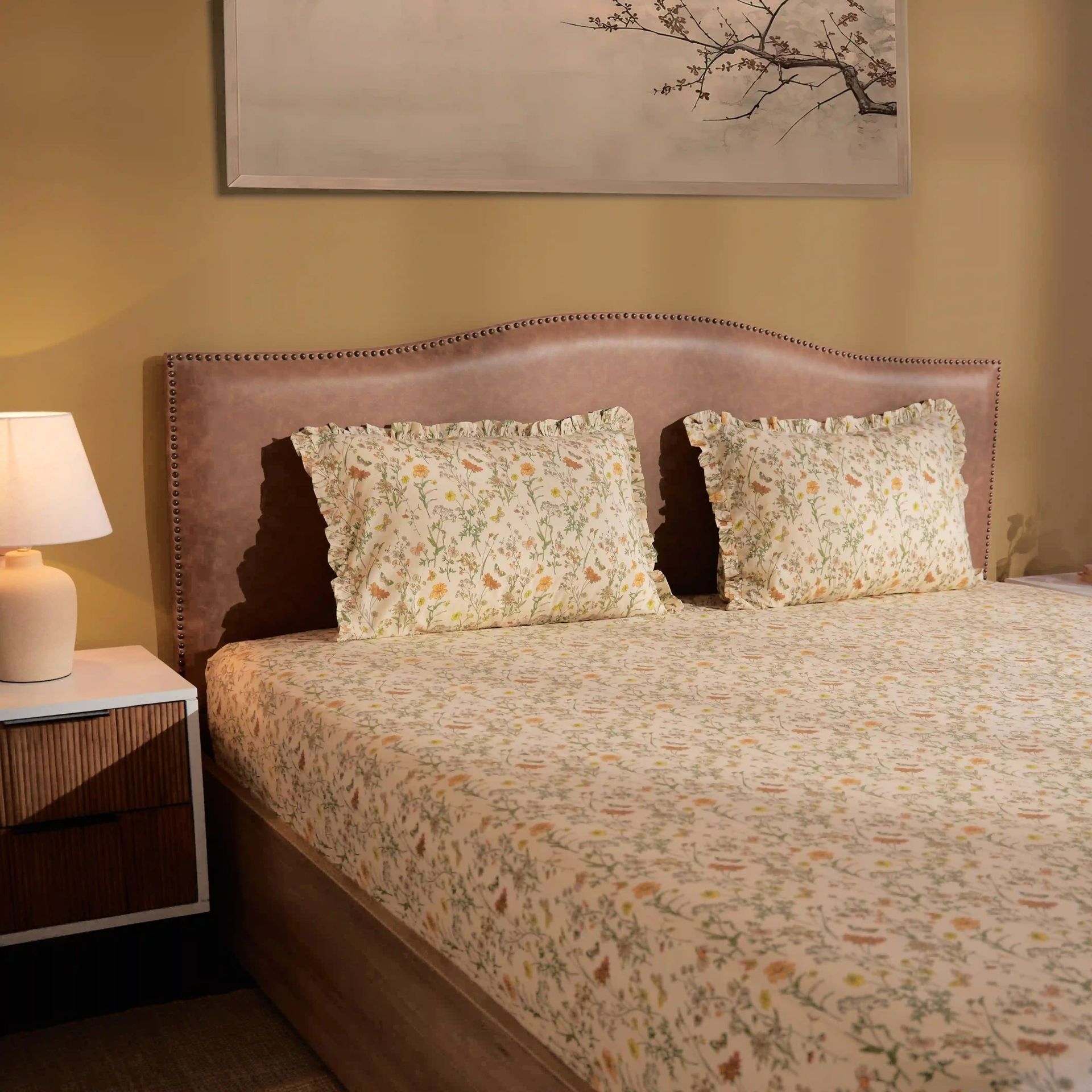 Floral 200 TC 100% Cotton Mustard King Fitted Sheet Set | Bloomshire Luxe