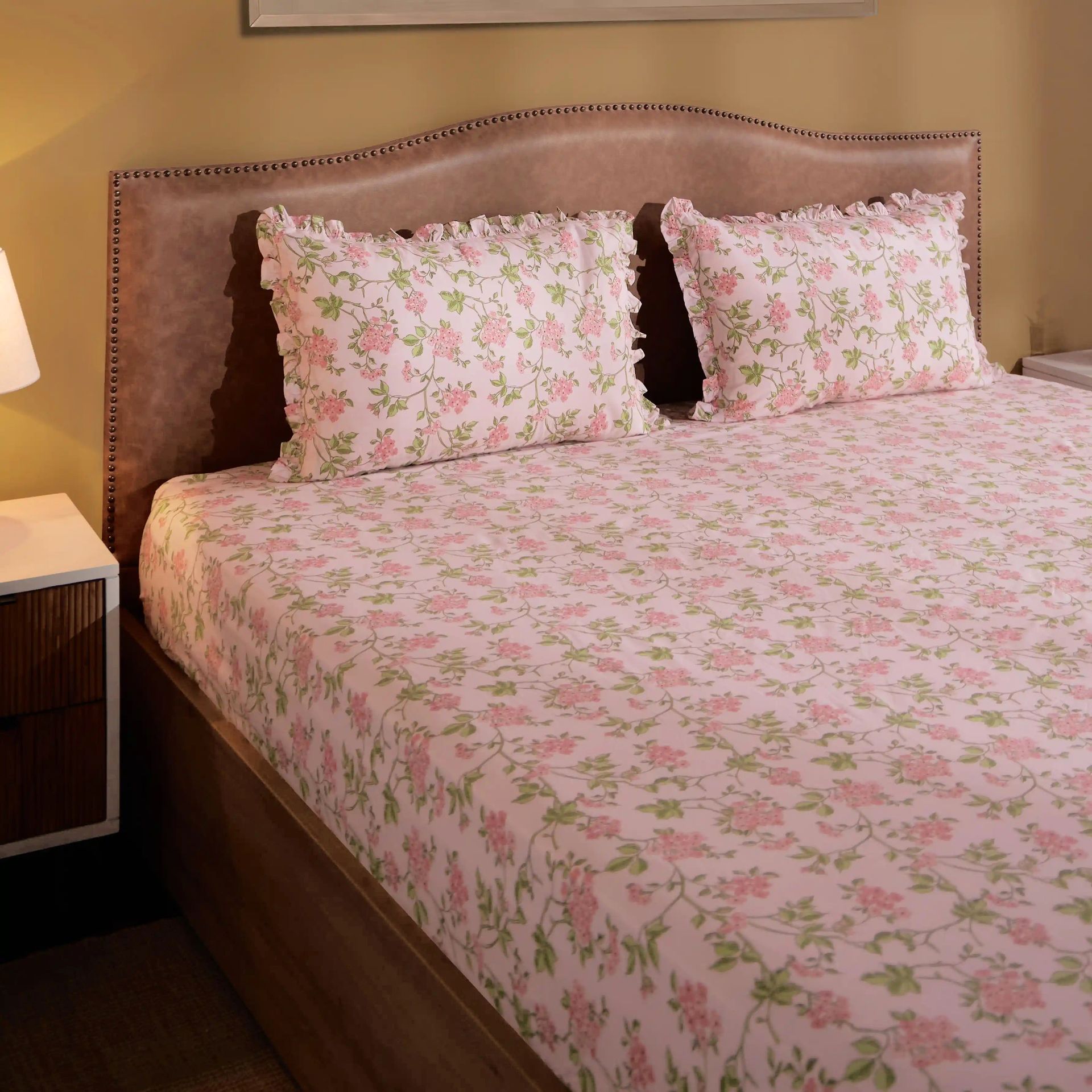 Floral 200 TC 100% Cotton Pink King Fitted Sheet Set | Bloomshire Luxe