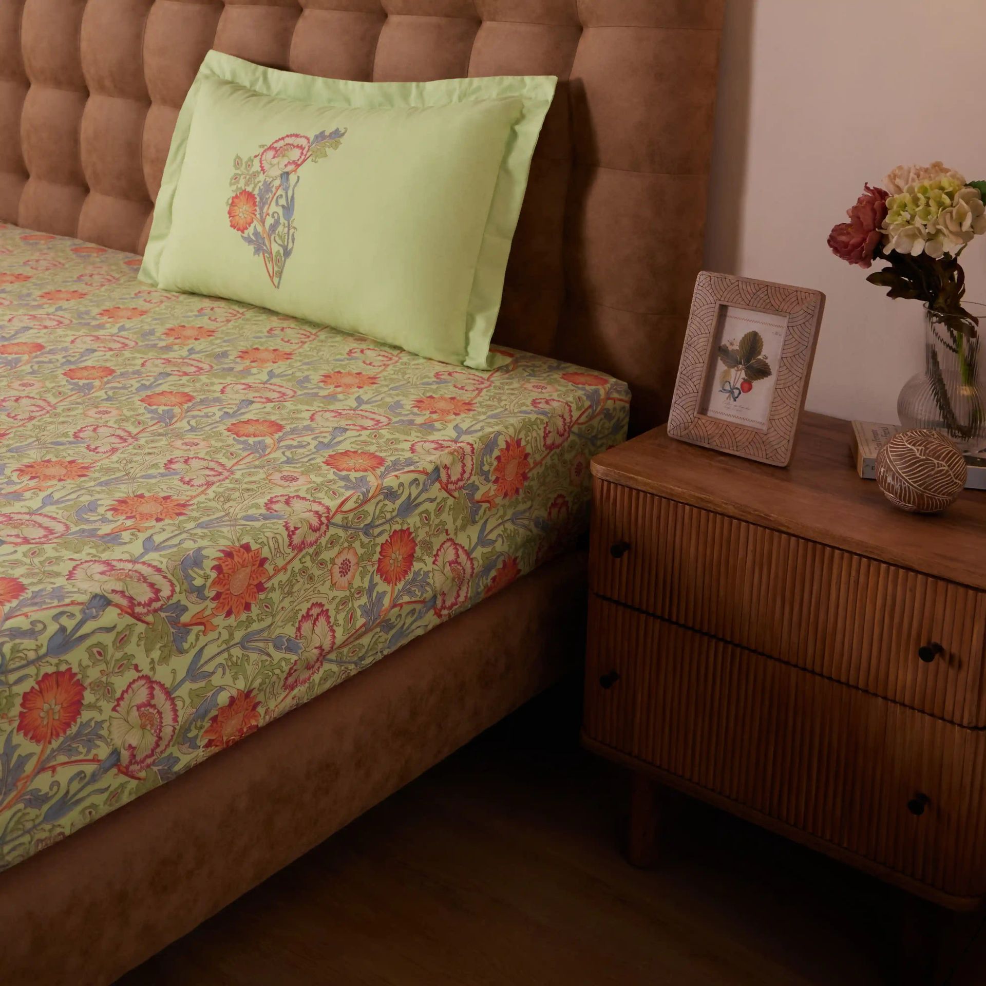 Indian Heritage 144 TC 100% Cotton Green Single Bedsheet Set | Chippa Lane