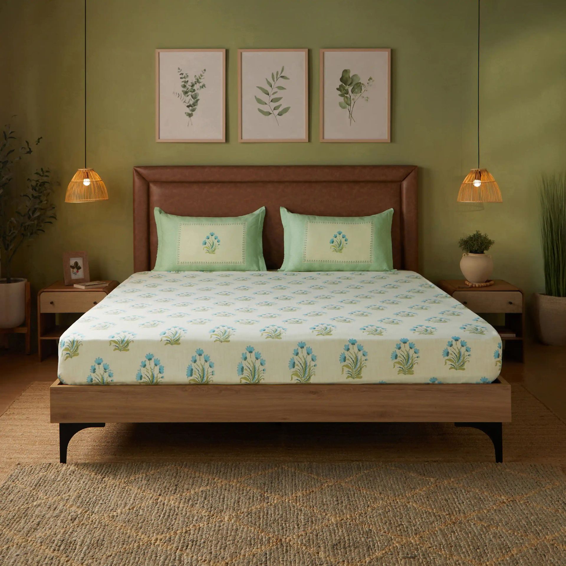 Indian Heritage 144 TC 100% Cotton Indian Sage Double Bedsheet Set | Chippa Lane
