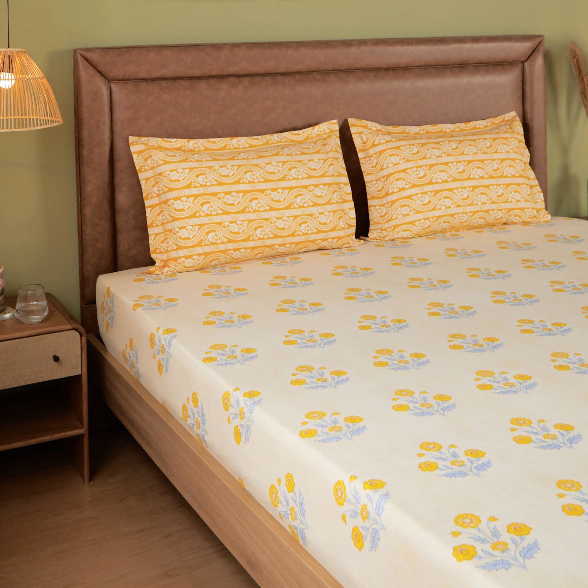 Indian Heritage 144 TC 100% Cotton Ochre King Fitted Sheet Set | Chippa Lane