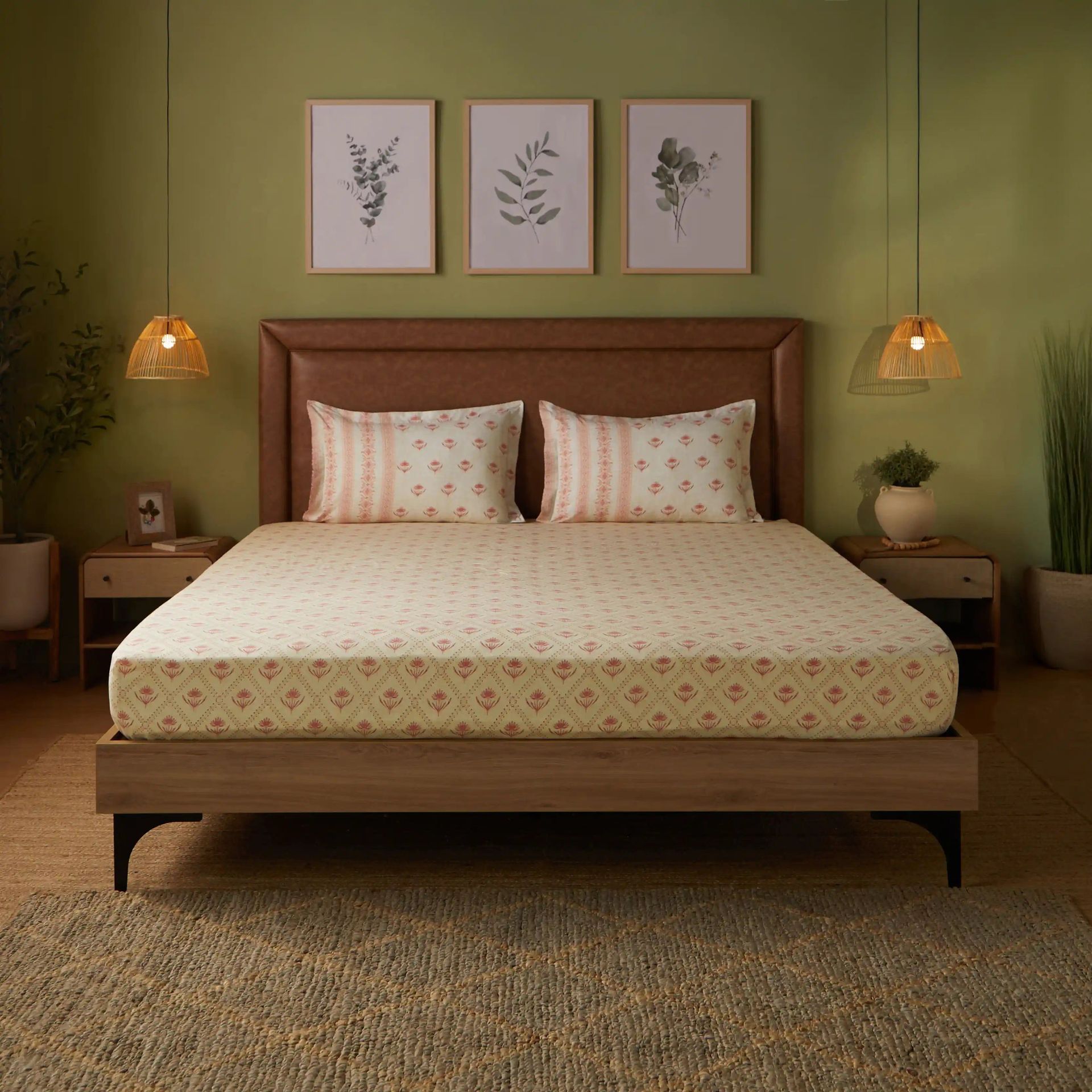 Indian Heritage 144 TC 100% Cotton Red Queen Fitted Sheet Set | Chippa Lane
