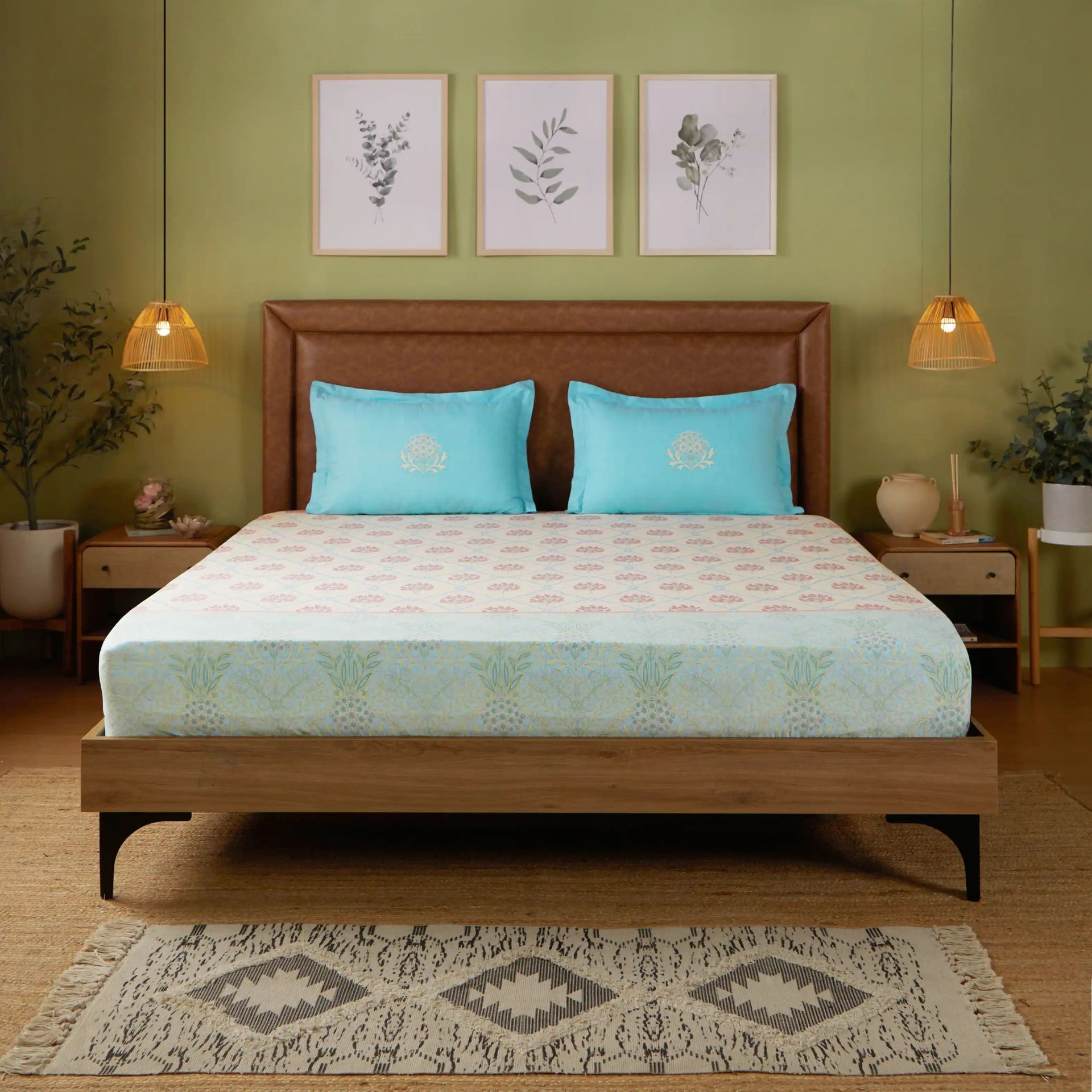 Indian Heritage 144 TC 100% Cotton Sage Bloom Queen Fitted Sheet Set | Chippa Lane