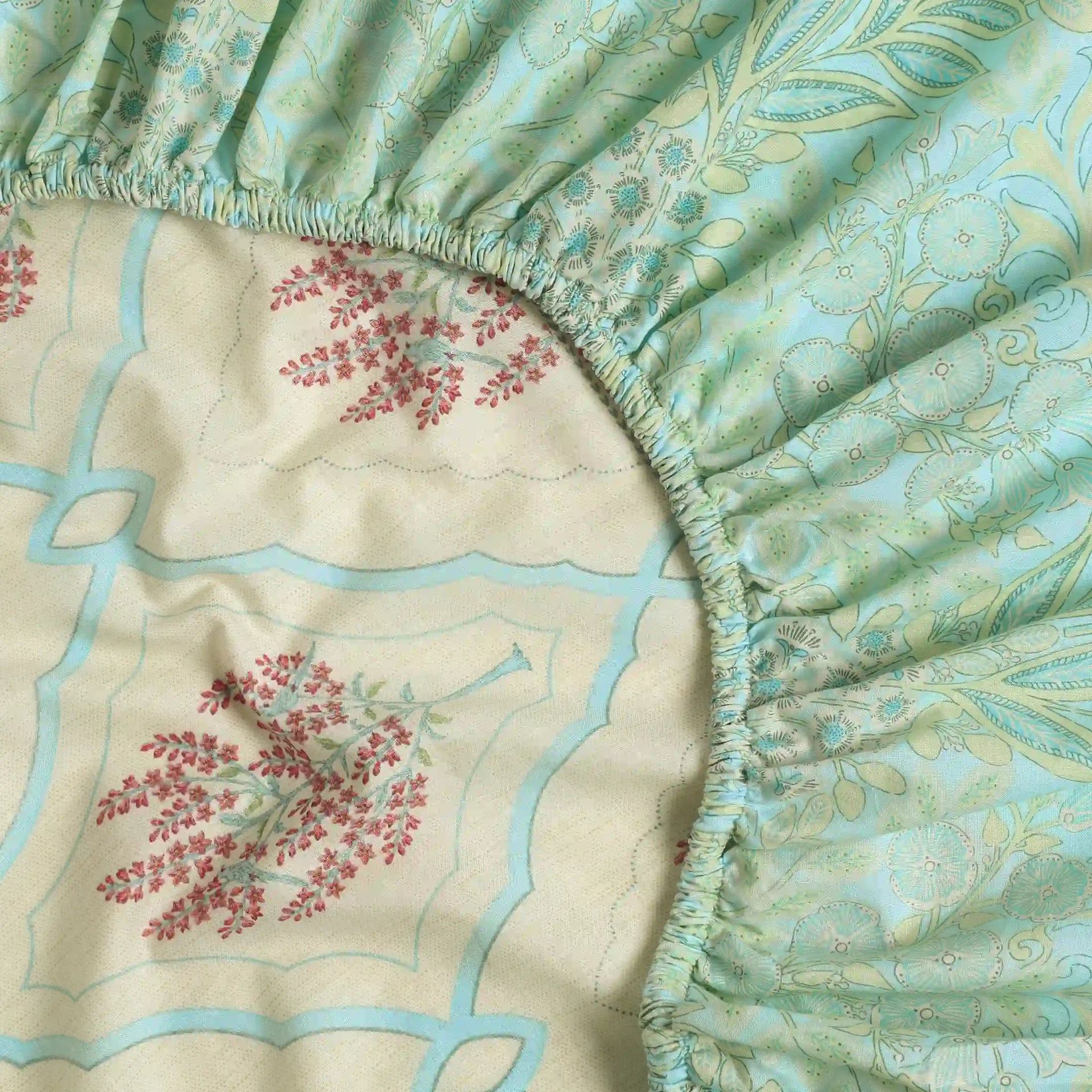 Indian Heritage 144 TC 100% Cotton Sage Bloom Queen Fitted Sheet Set | Chippa Lane