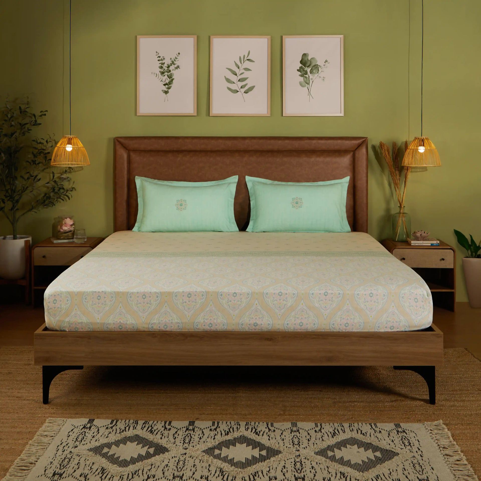 Indian Heritage 144 TC 100% Cotton Sage Queen Fitted Sheet Set | Chippa Lane