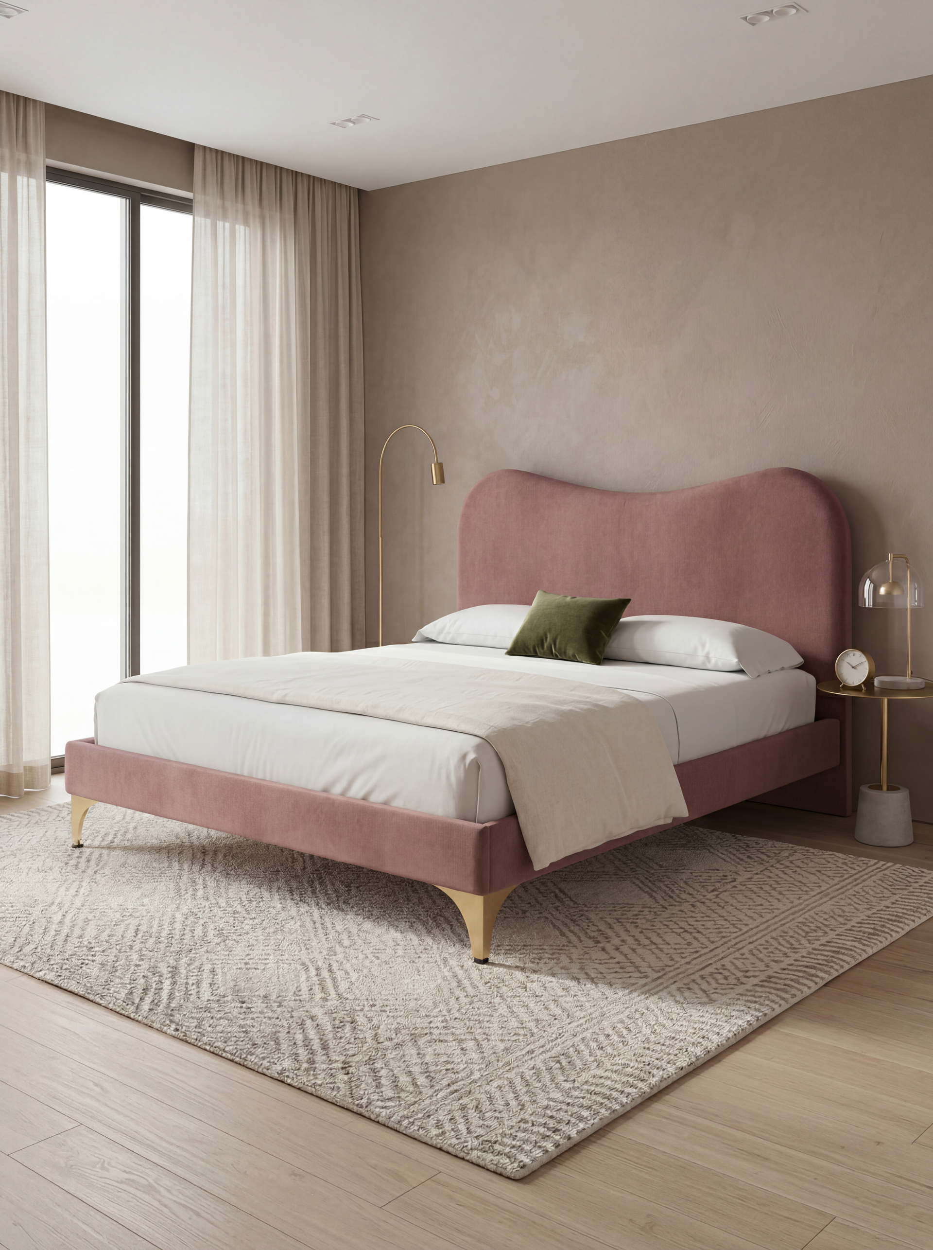 Evelyn King Size Bed Without Storage Cocoa Velvet_Vegan Leather Upholstery