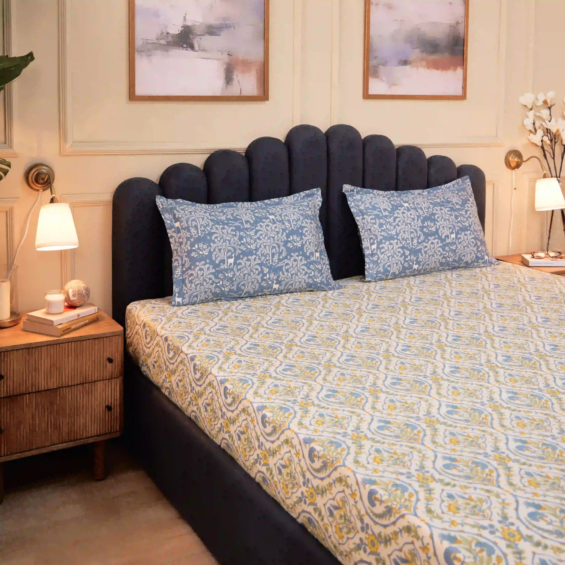 Ethnic 250 TC 100% Cotton Yellow Bloom Super King Bedsheet Set | Fergana