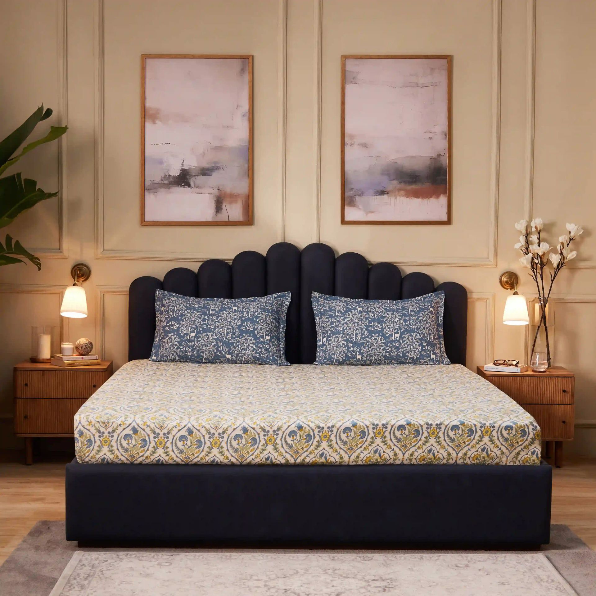 Ethnic 250 TC 100% Cotton Yellow Bloom Super King Bedsheet Set | Fergana