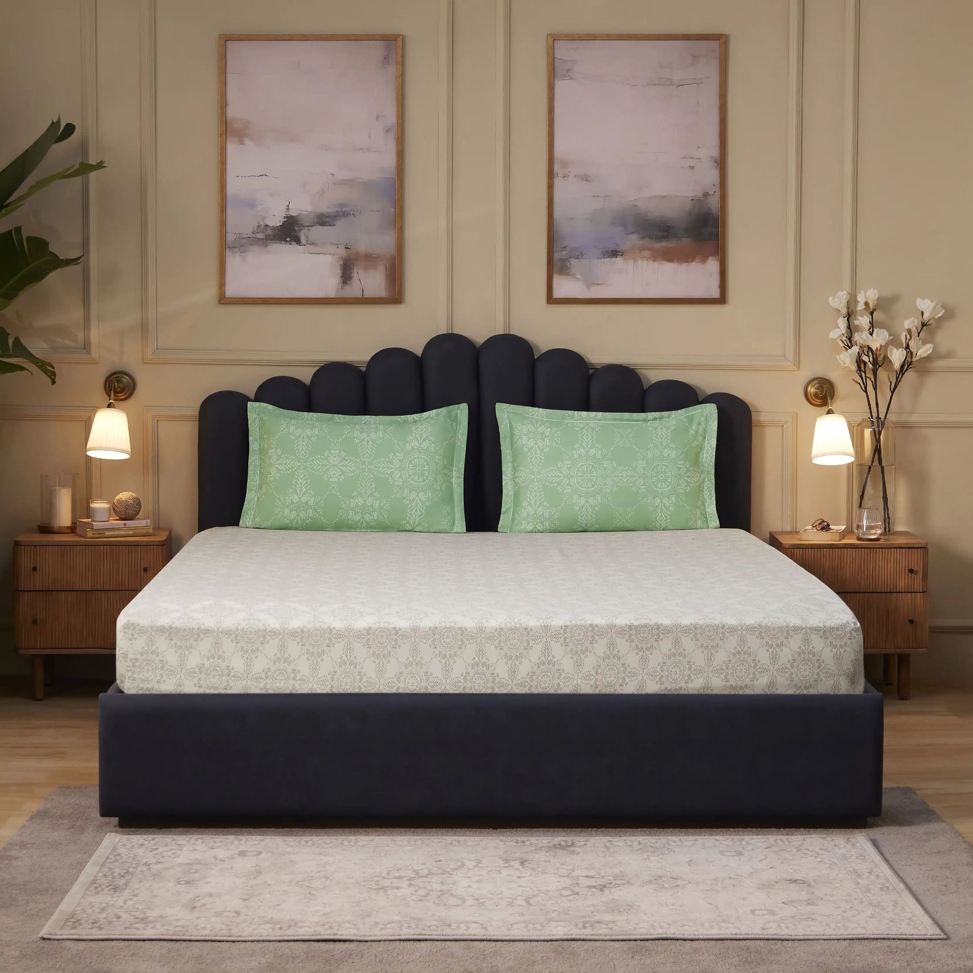 Ethnic 250 TC 100% Cotton Sage King Fitted Sheet Set | Fergana
