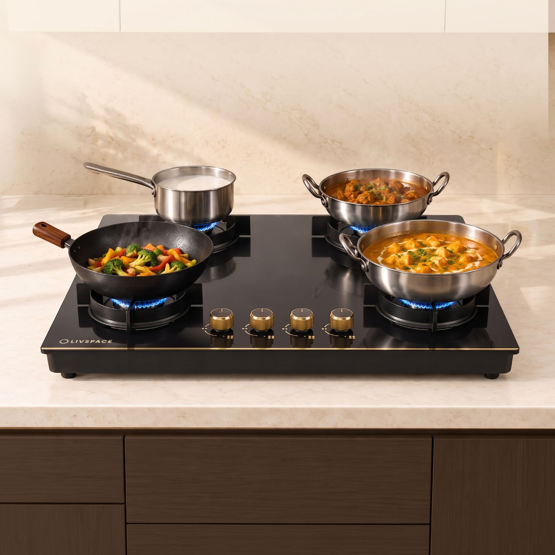 Intellia 4-burner Brass Cooktop | Premium Glasstop, Gold Themed Knobs | Auto Ignition - 75 cm