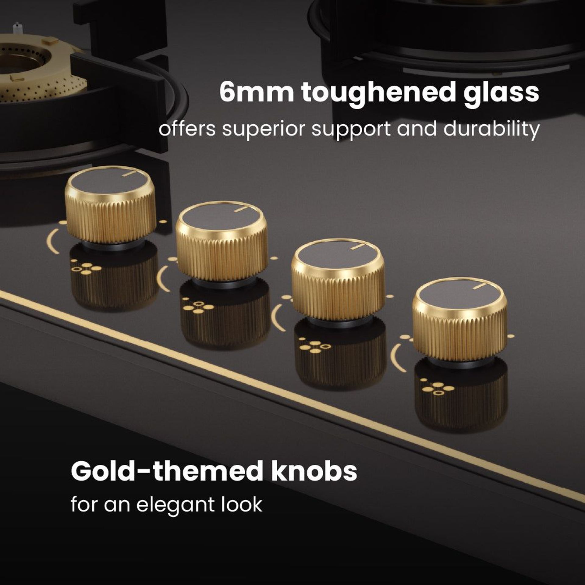 Intellia 4-burner Brass Cooktop | Premium Glasstop, Gold Themed Knobs | Auto Ignition - 75 cm