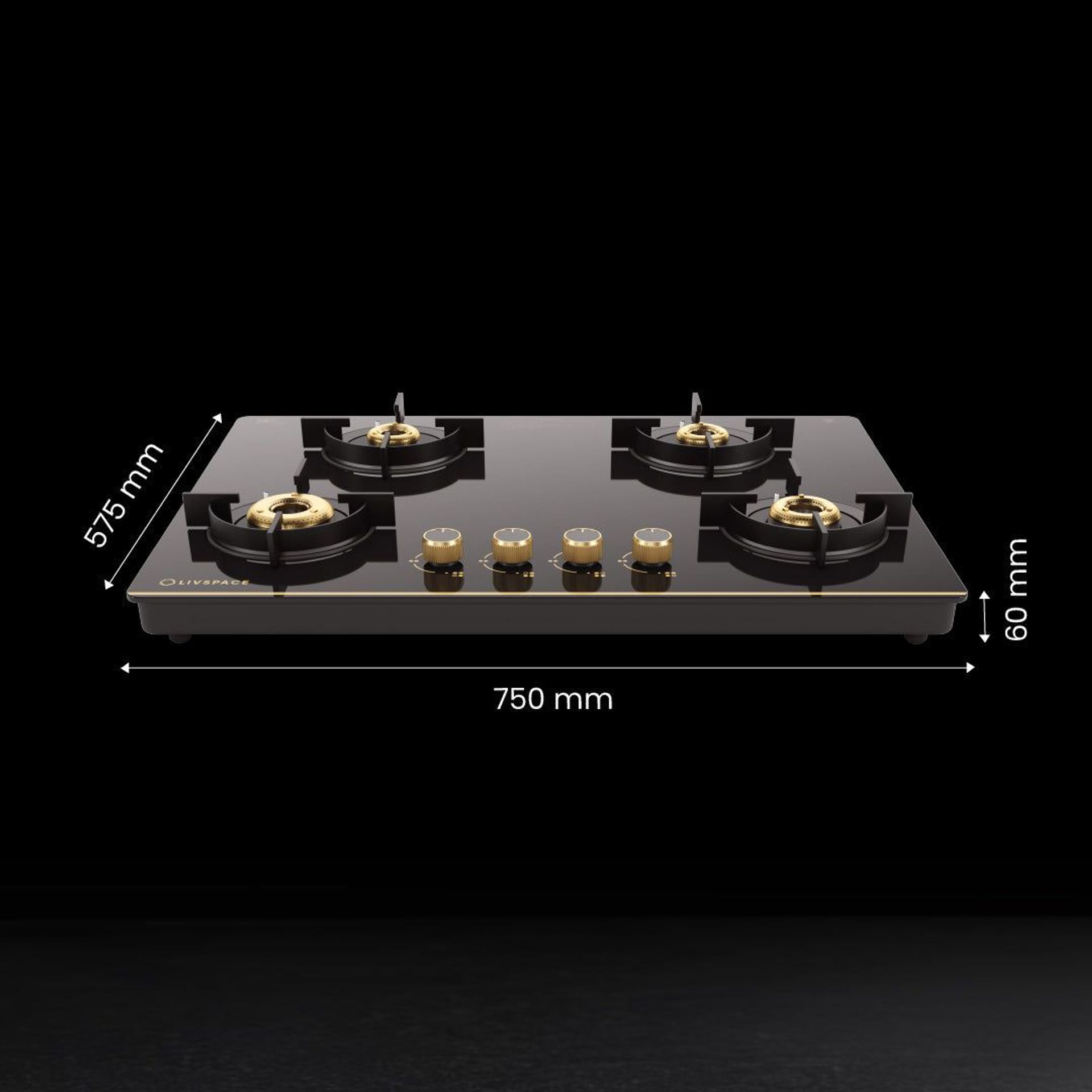 Intellia 4-burner Brass Cooktop | Premium Glasstop, Gold Themed Knobs | Auto Ignition - 75 cm