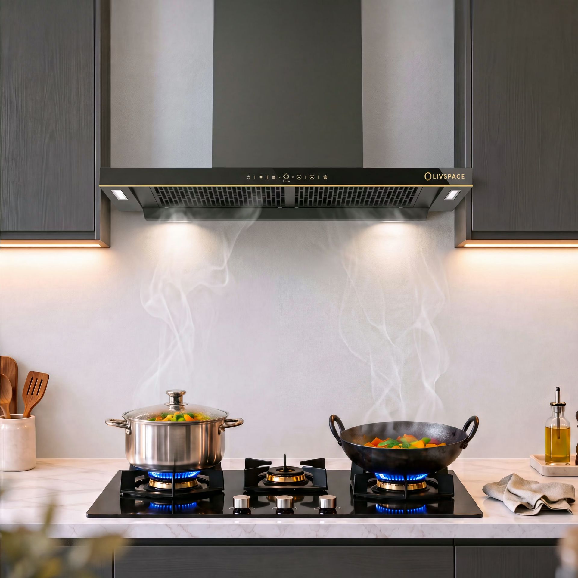 Intellia 90 cm T-Shaped Chimney | BLDC Ducted 1600 m3/h Suction | Auto Clean