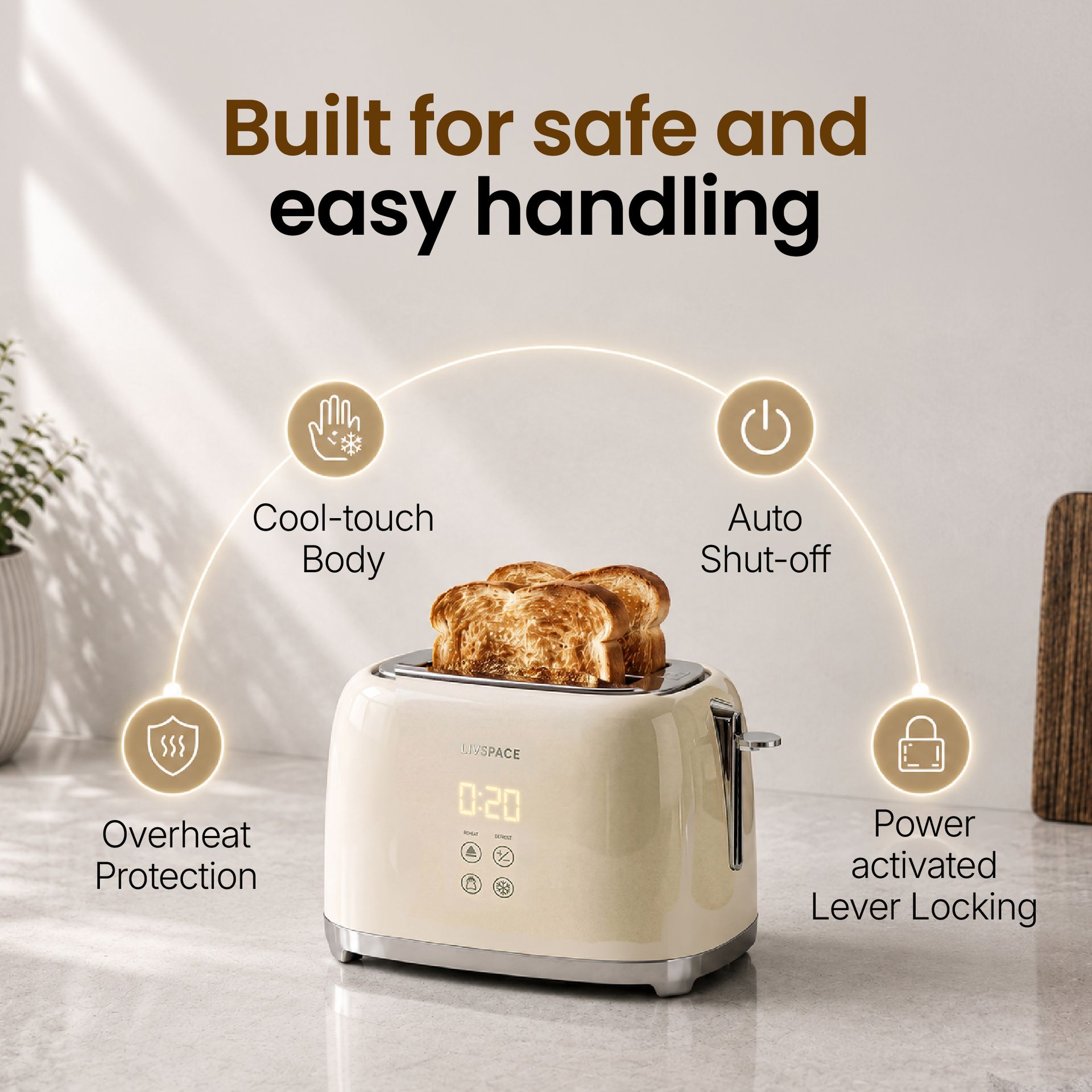 Livspace 2 Slice Digital Toaster - Ivory