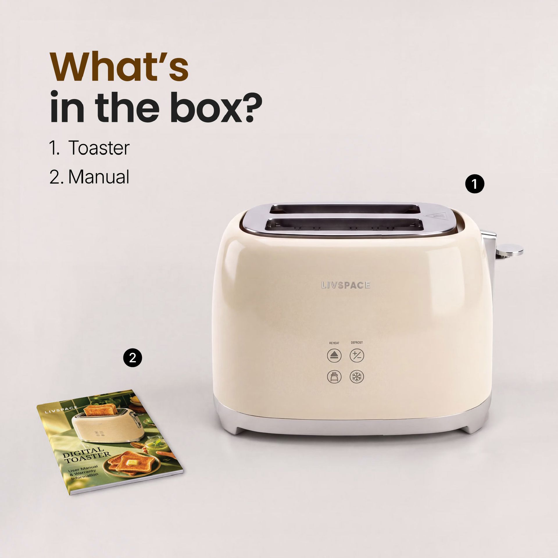 Livspace 2 Slice Digital Toaster - Ivory